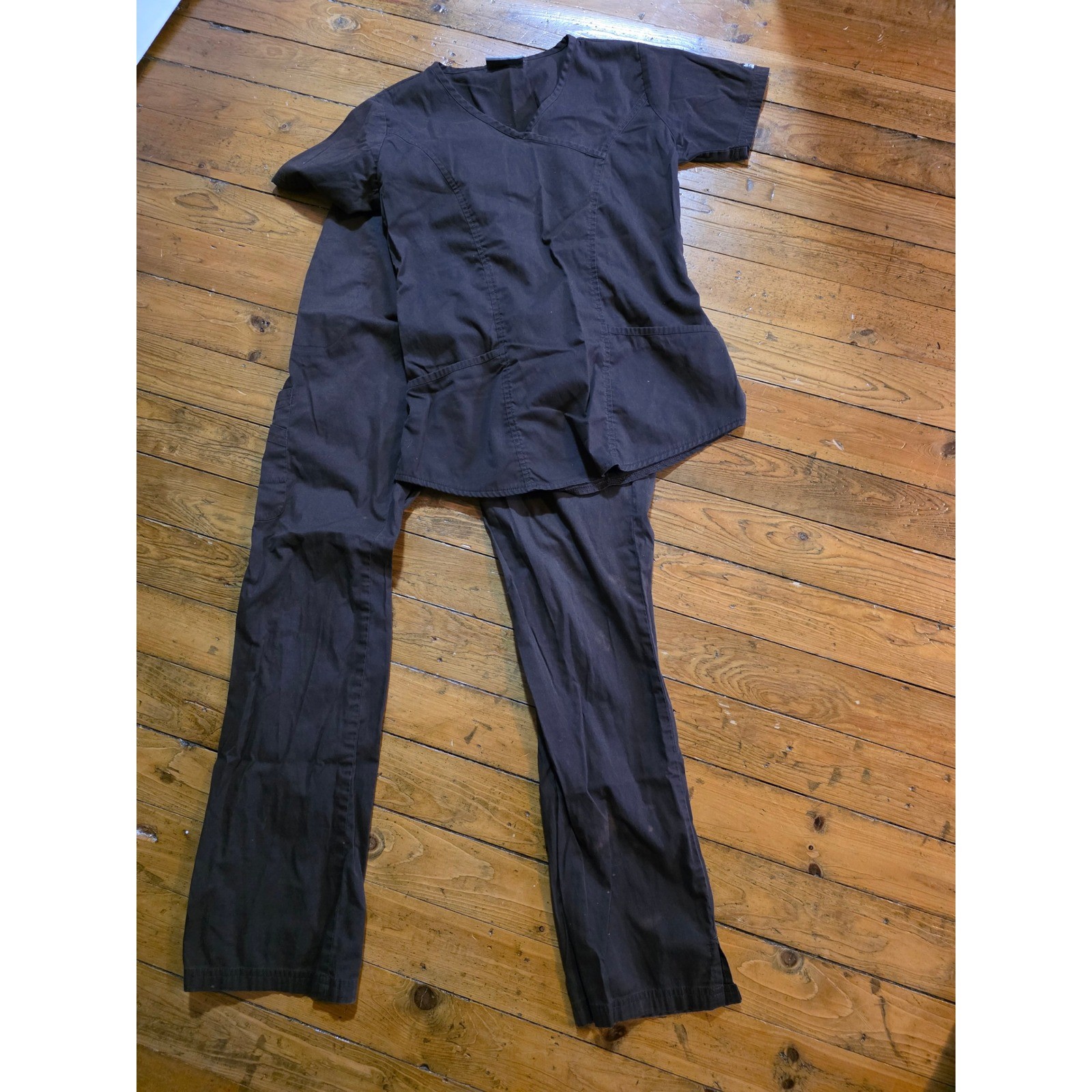 Butter-Soft Twill-Stretch Scrubs by UA Set Brown V-Neck Top Cargo Pants Small