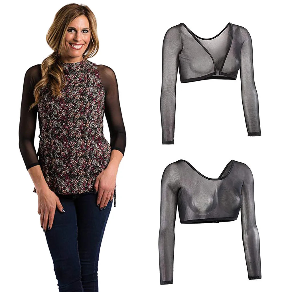 Womens Mesh Bottoming Shirt See-Through Long Sleeve Open Front Crop Tops