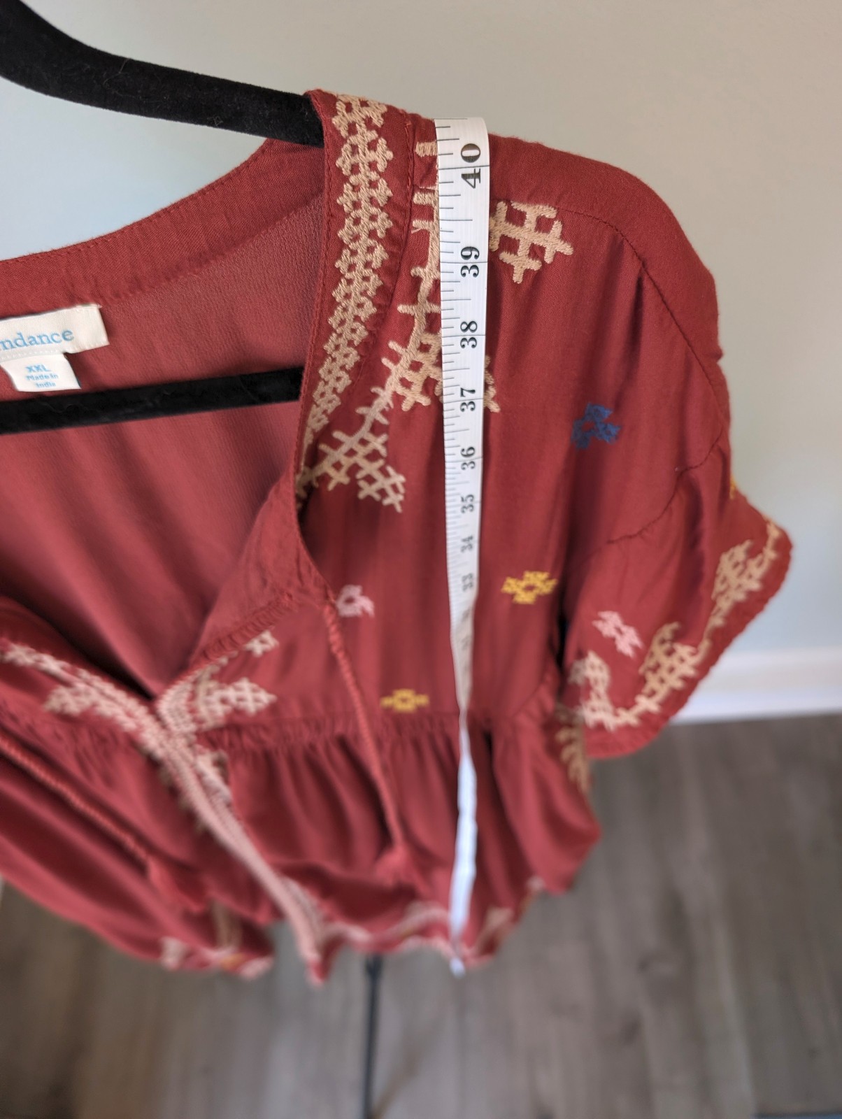 Sundance Embroidered Rust Red Tassel-Tie Dress Peasant Country Cowgirl Boho XXL