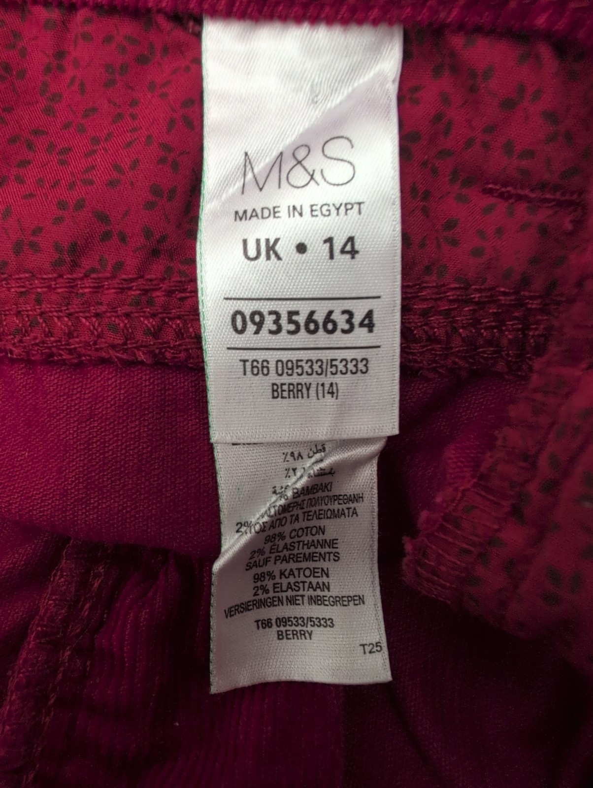 M&S Indigo Collection Corduroy Mini Skirt in Berry Colour Size UK 14 Length 18″.