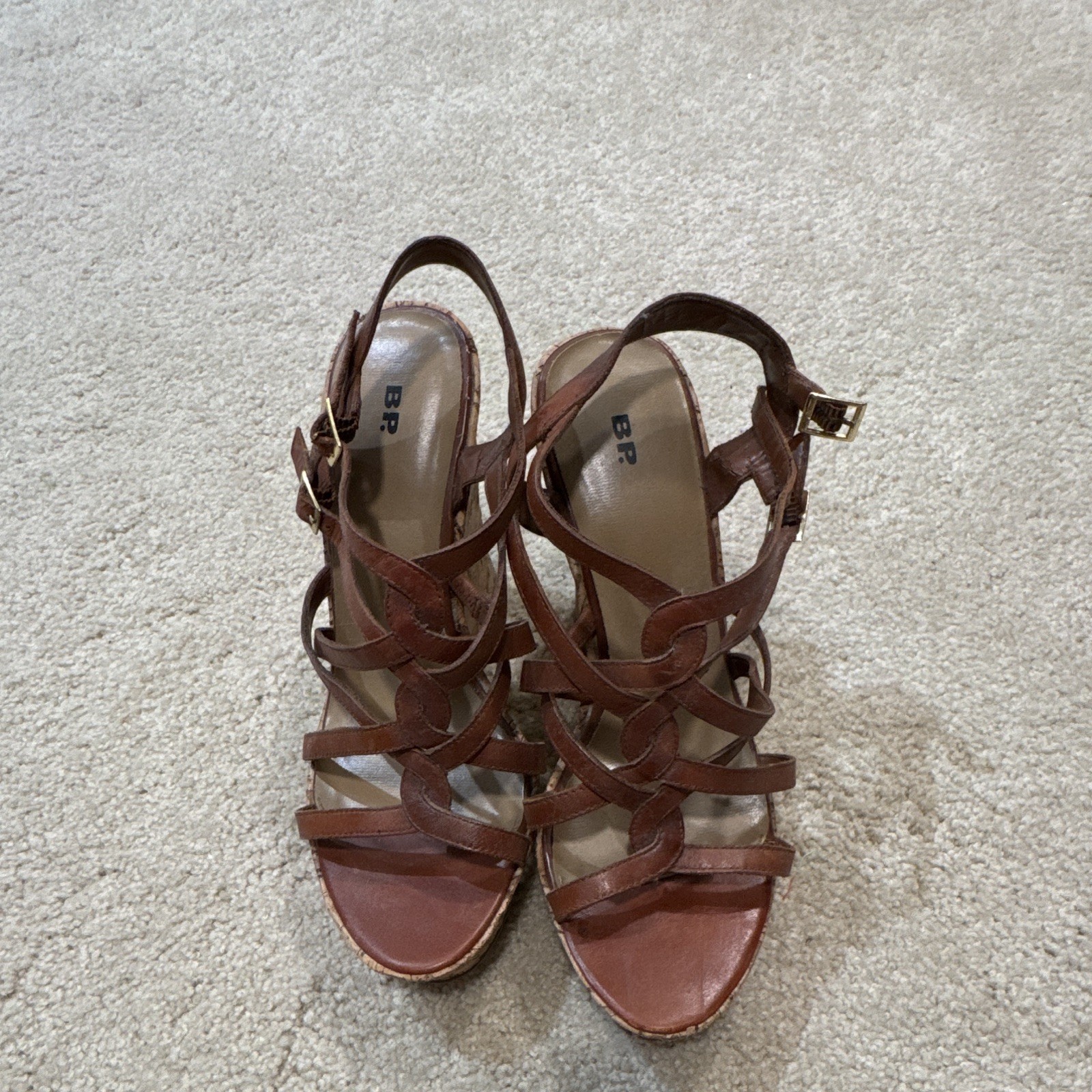 BP. Women’s Strappy Leather Wedge Heel Sandals Open Toe Buckle Brown Tan 8.5
