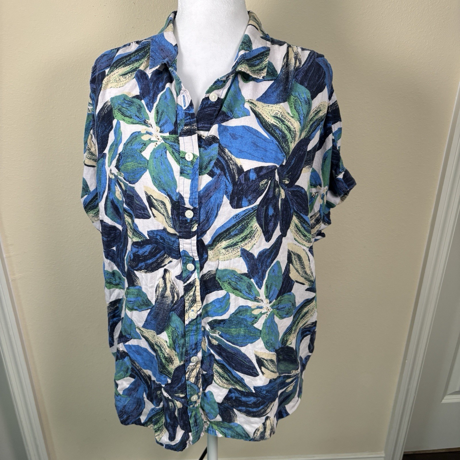 Time & Tru Women’s Xl Button Down Blouse Linen Blend Beach Coastal Breathable