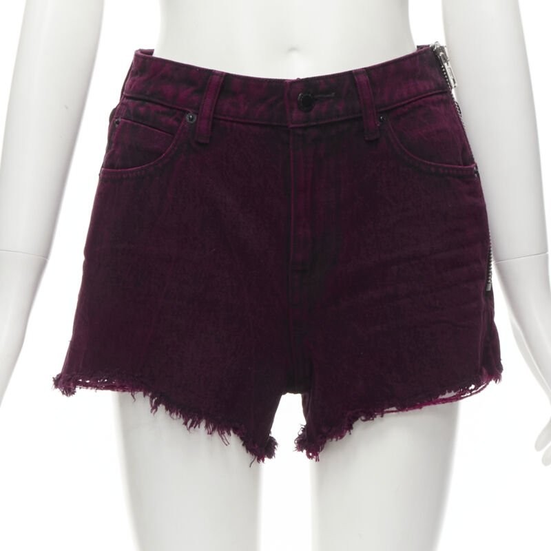 ALEXANDER WANG Bite berry red black washed side zip frayed denim shorts 25″