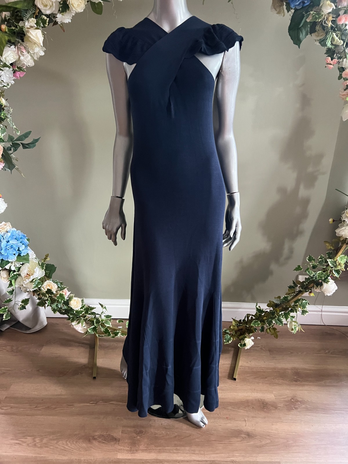 TED BAKER Maxi Dress Womens TB 2 UK 10 Navy Knitted Cross Over Crochet Trim NEW