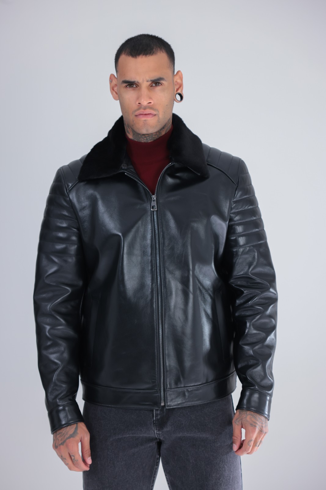 Men’s Genuine Leather Jacket Black Fur Collar Zip Moto Biker Coat 26″ – 65cm