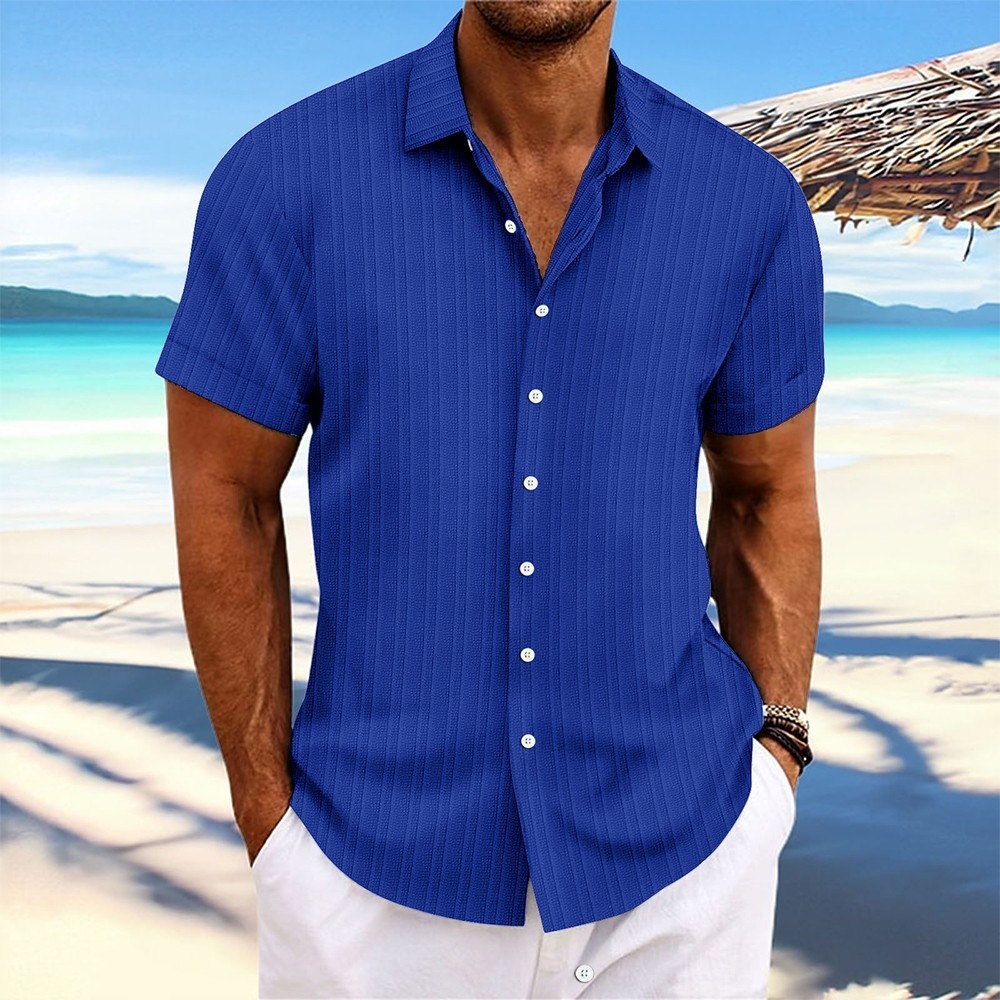 2025 Men Striped Button Down T Shirts Grandad Summer Short Sleeve Casual Tops