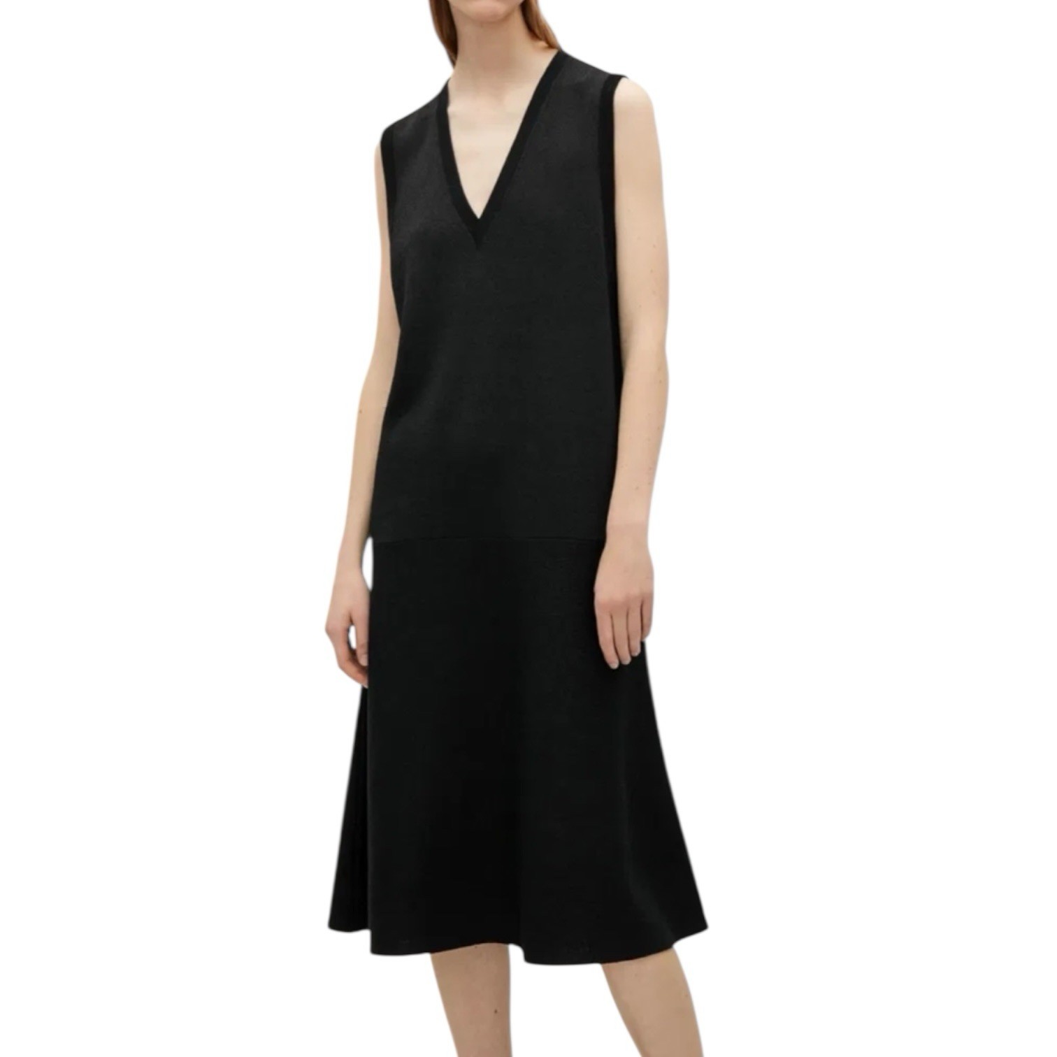 COS Terry Drop Waist Sleeveless Black V-Neck Midi Maxi Dress Sz M