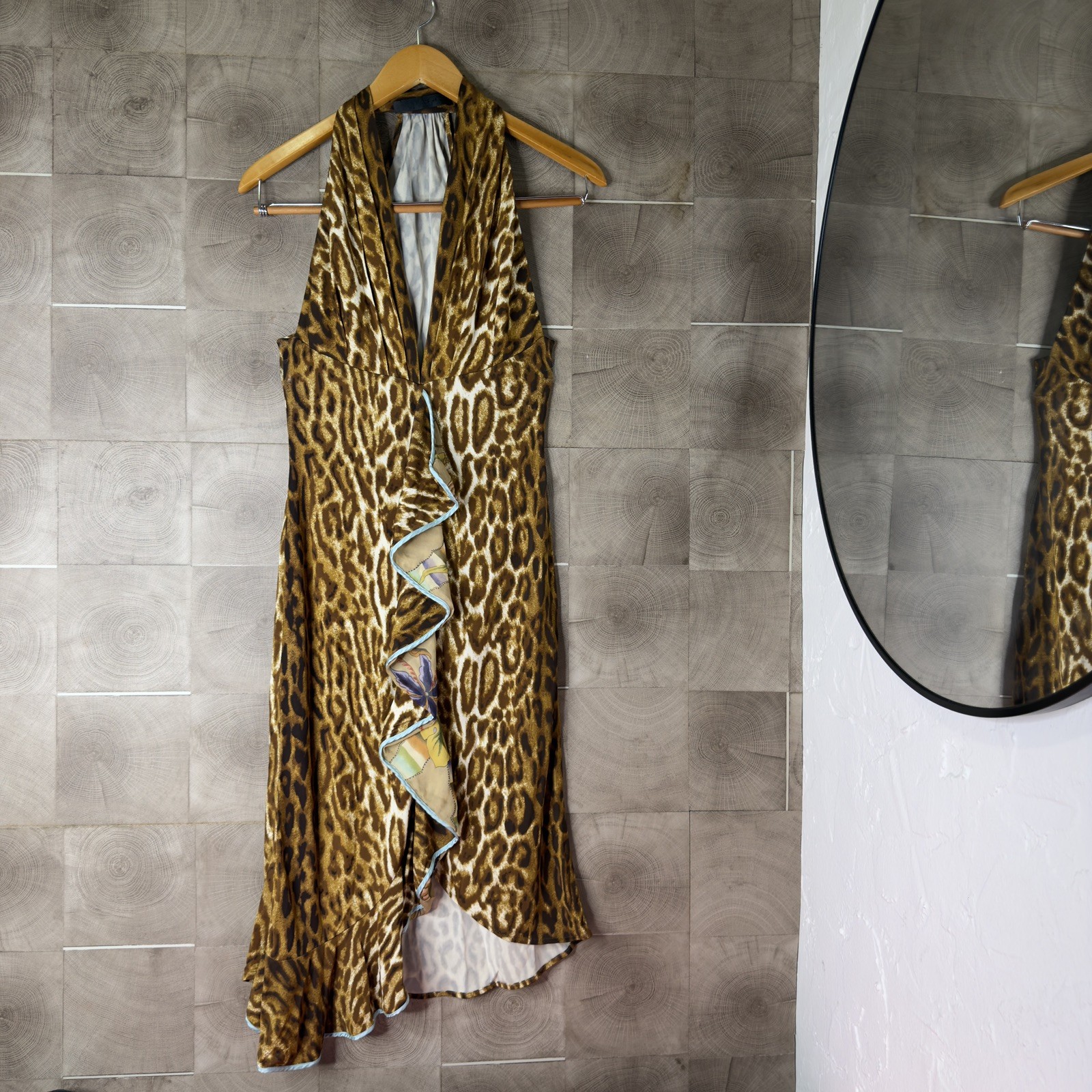 vtg yigal azrouel dress leopard print midi ruffle sleeveless bodycon v-neck sz 1