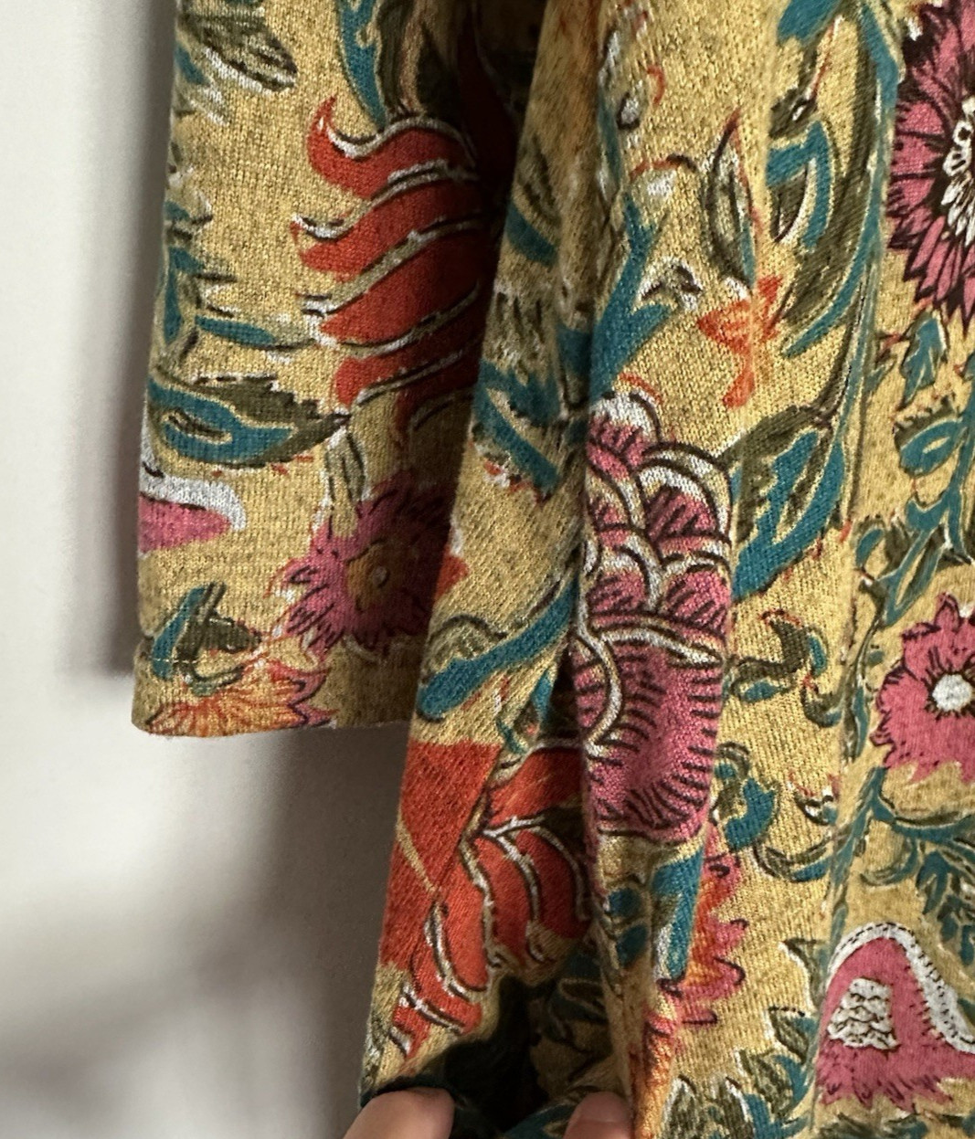 Natural Life Lottie Dress Mustard Floral Print Knit Long 3/4 Sleeve Pocket Sz L