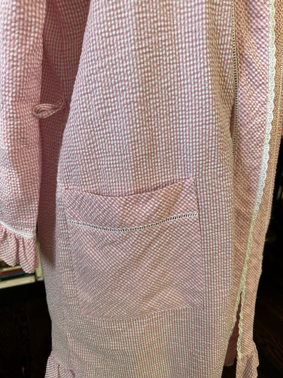 Eileen West Seersucker Belted Robe Pink Sz S/M 2010s Loungewear Trad Wife