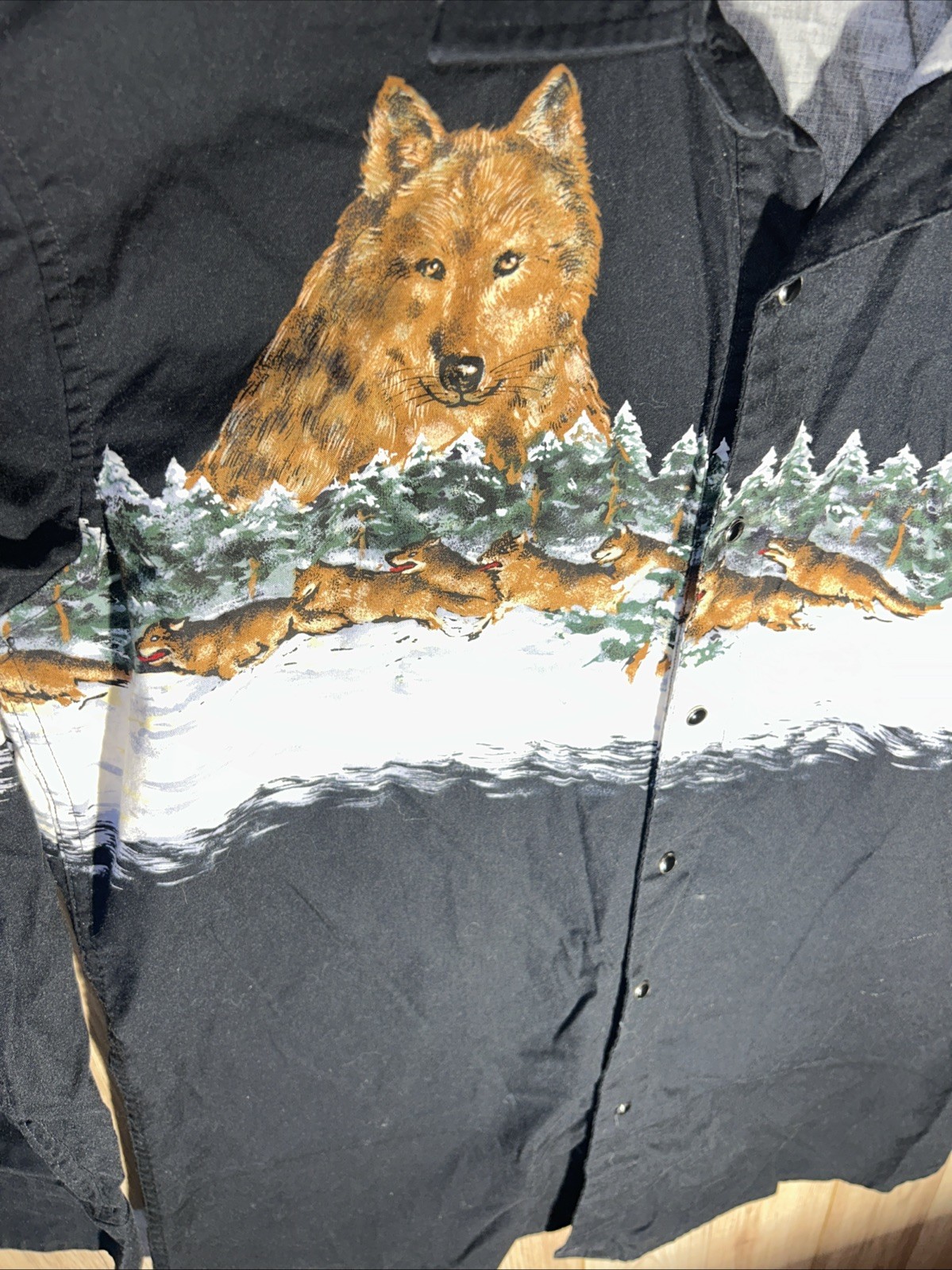 Vintage Panhandle Slim Men’s Large Wolves Print Snow Pearl Snap Western