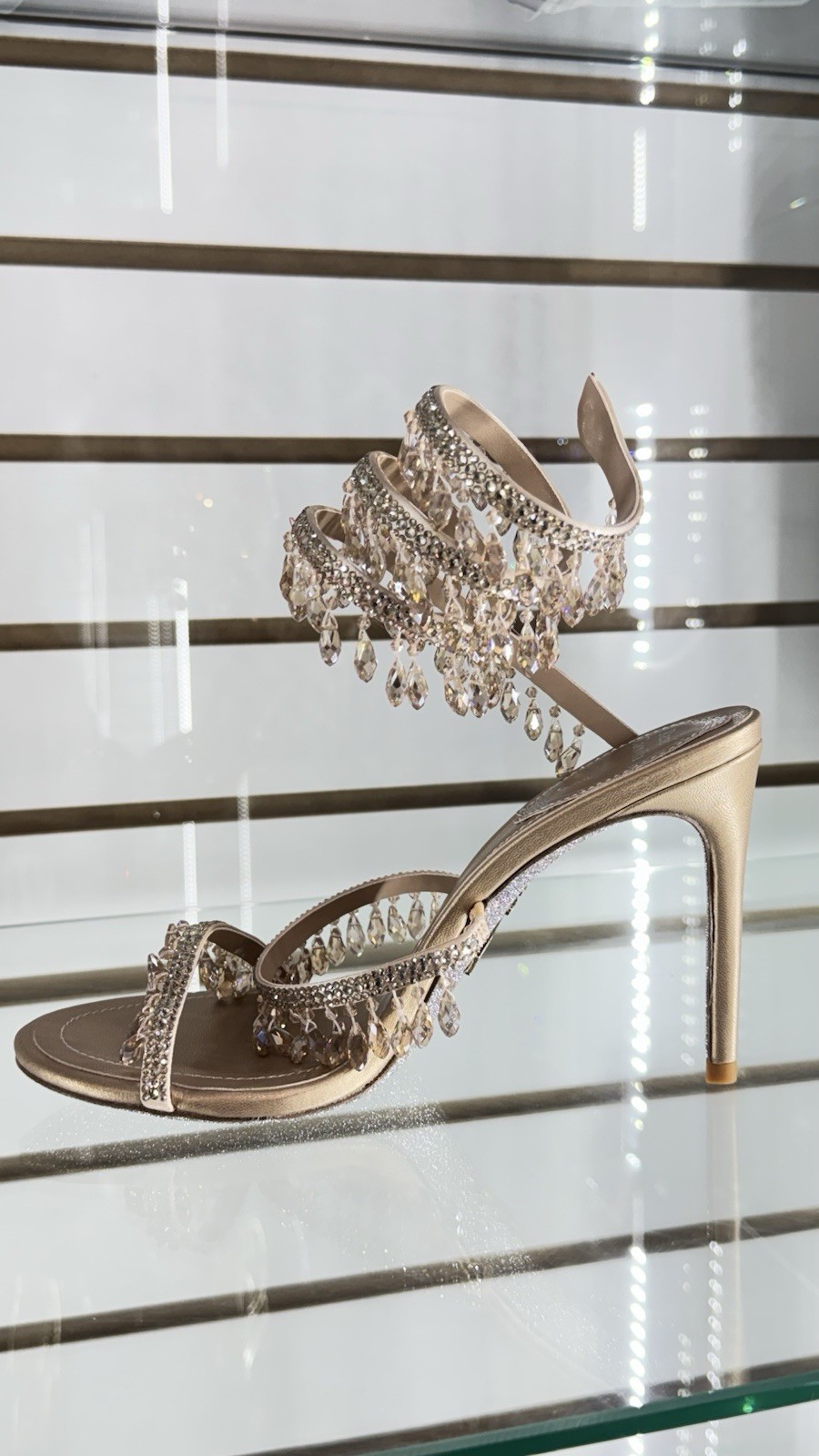 RENÉ CAOVILLA Gold Rhinestone Strappy Ankle Strap Open Toe Buckle Heel Women