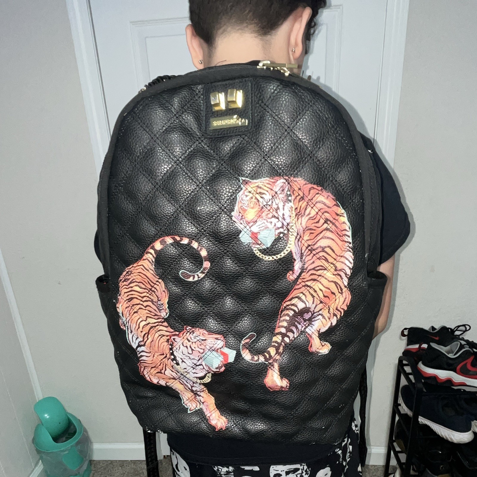 Sprayground Limited Edition Black Quilted Tiger Backpack Red Lining Zip Large