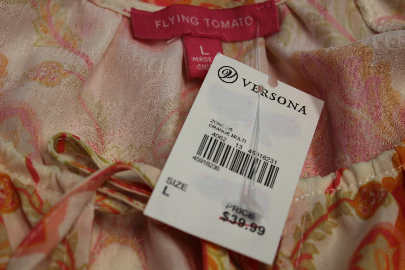 Flying Tomato orange print lightweight l/s pullover top with 2 tie front L NWT