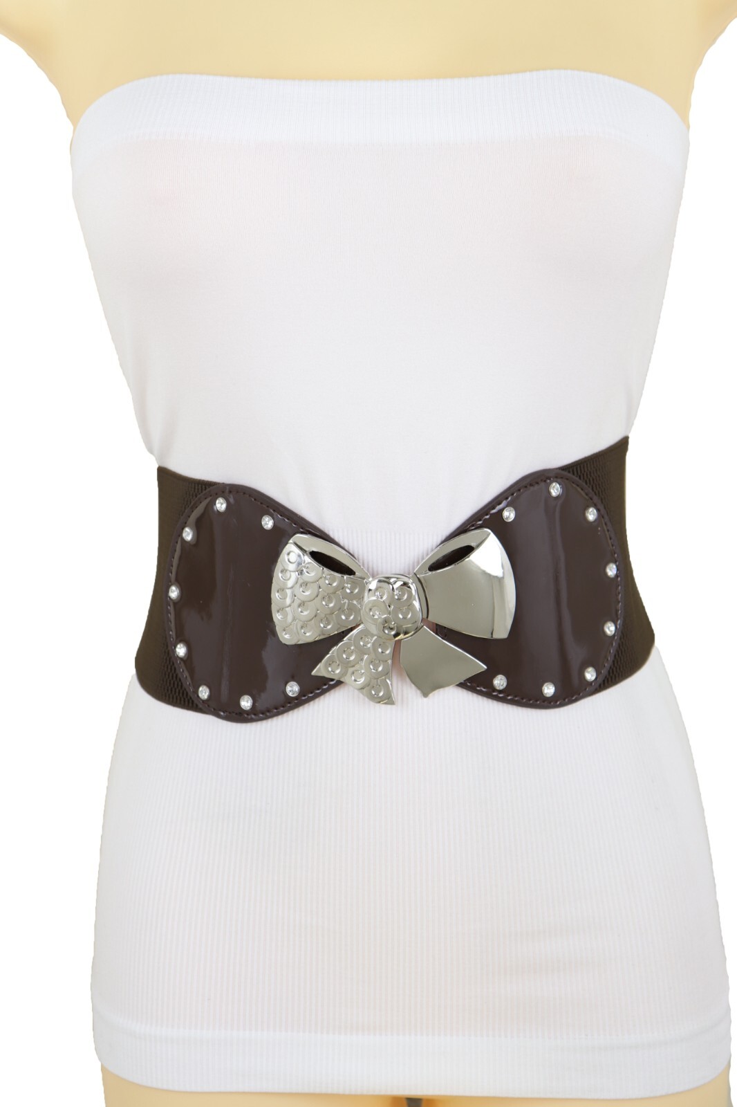 Women Dark Brown / Gold Color Wide Fashion Belt Metal Bow Tie Ribbon Buckle S M