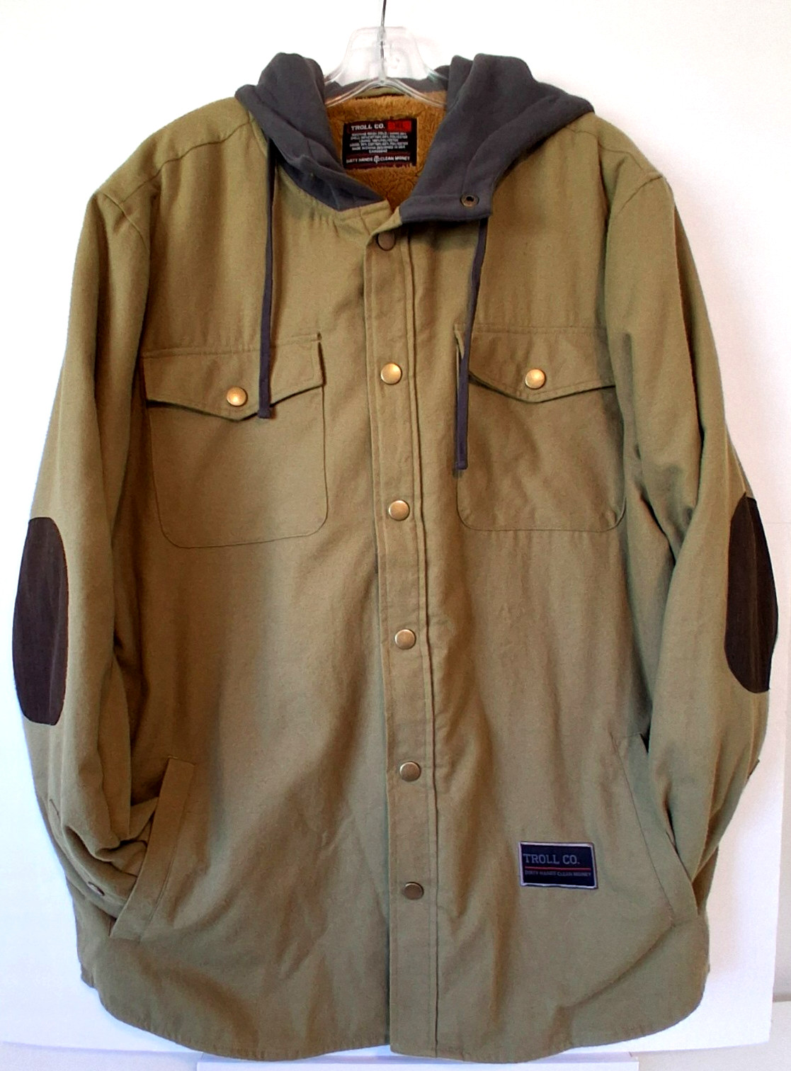 Troll Co Canvas Chore Coat Barn Jacket Mens XL Elbow Patches Lined Green Hooded
