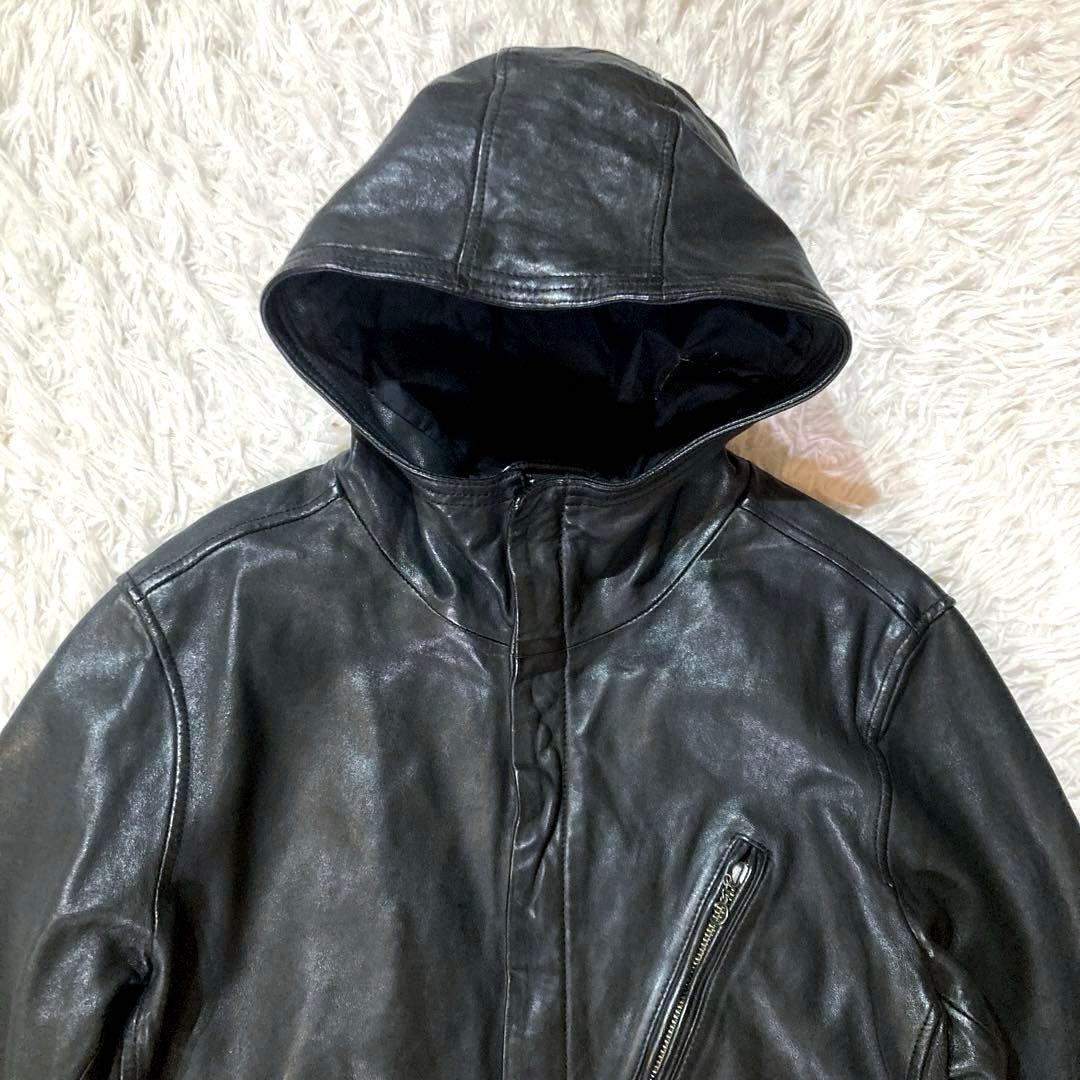 AVIREX Lamb Leather Hooded Jacket Blouson Coat Men Size M Black Genuine