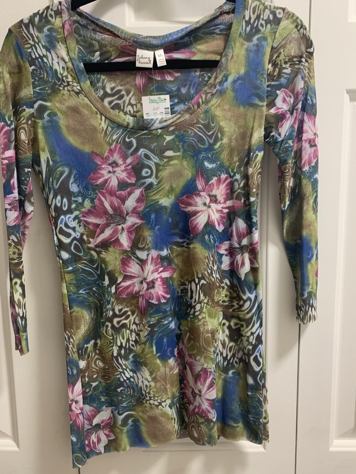 Johnny Heaven Mesh Sheer Floral Scoop Neck 3/4 Sleeve Top Multicolor XL. New