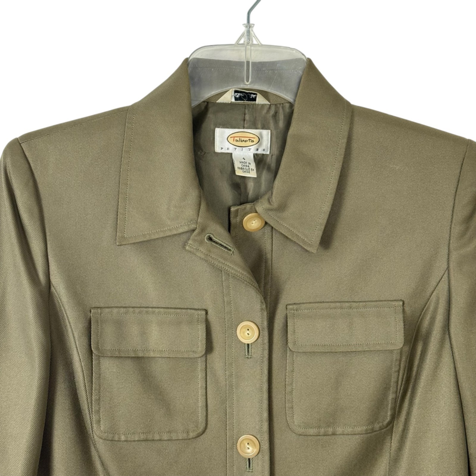 Talbots 100% Silk Olive Green Jacket Size 4P Button Career Casual Safari Blazer