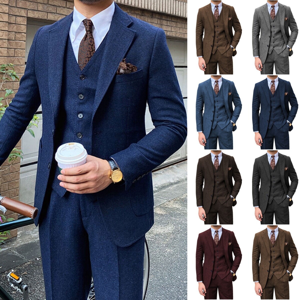 Mens 3Pcs Tweed Suit Wool Herringbone Tuxedo Suits Blazer+Vest+Pants 42r 44r 46r