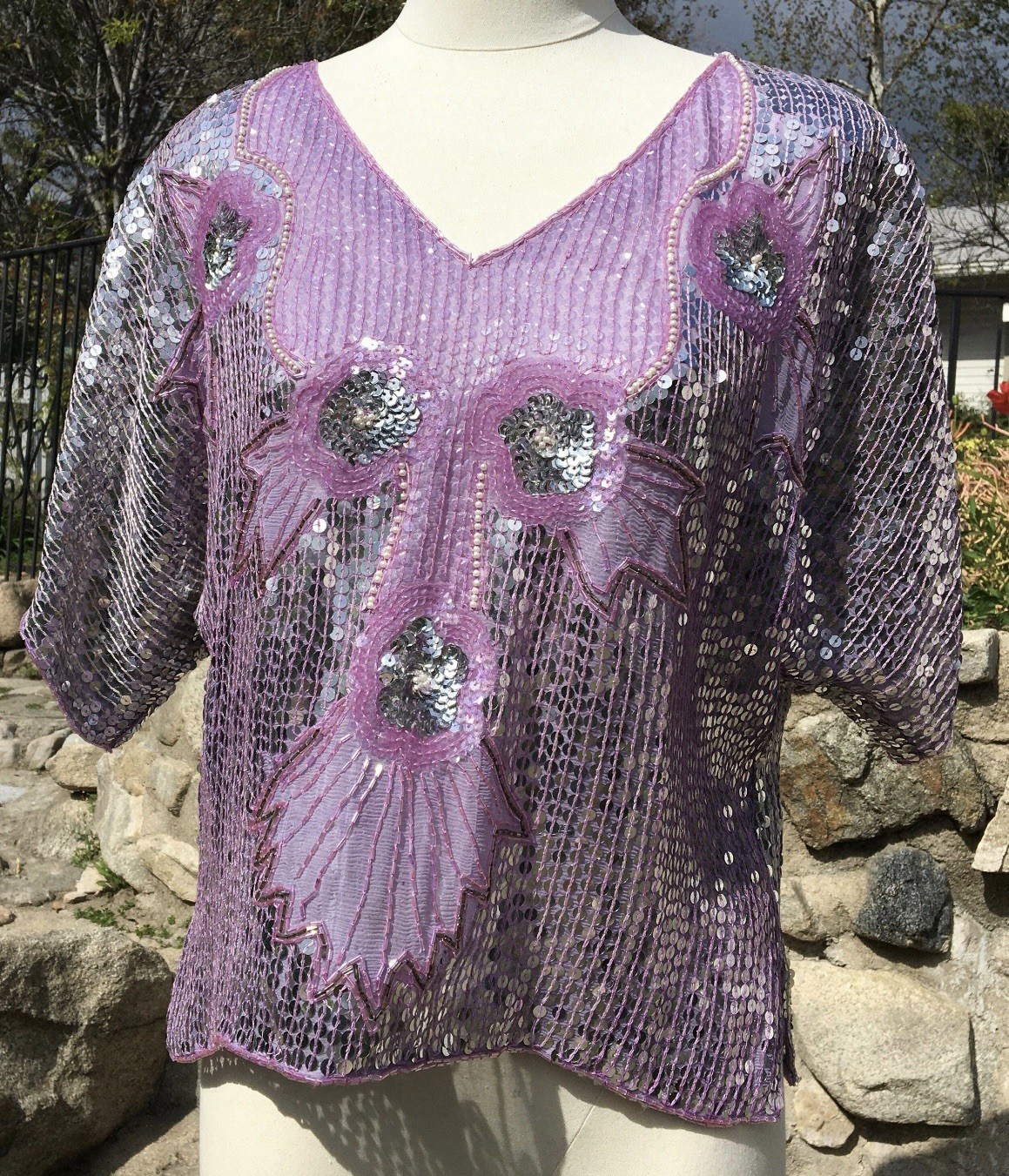 Vintage Lavender+Silver Indian Silk Sequin Top Goldstar XS-M
