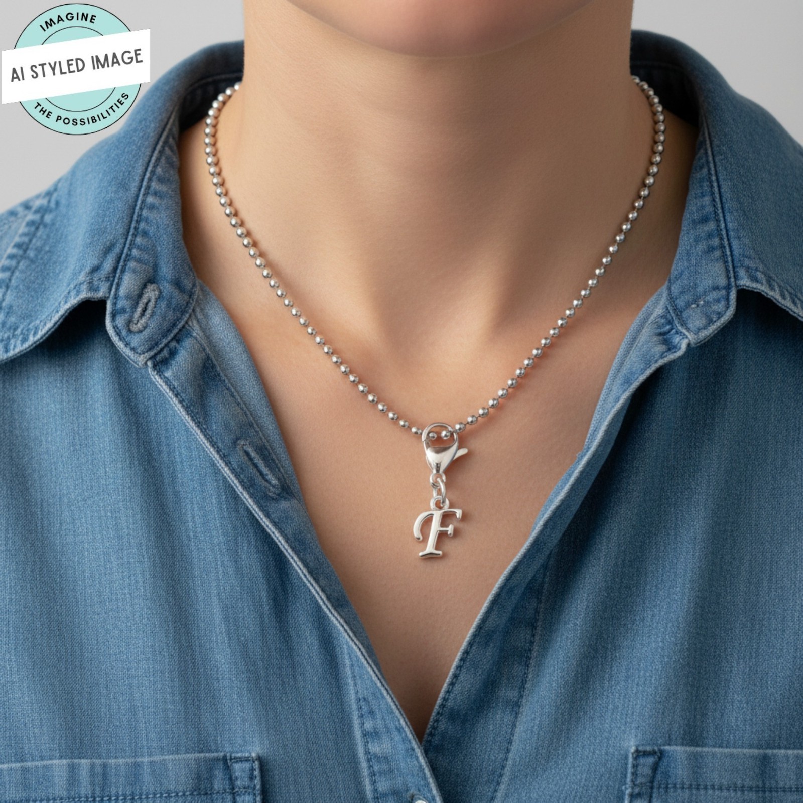 Silver Letter “F” Clip On Charm, Cursive Script Initial Dangle + Lobster Clasp
