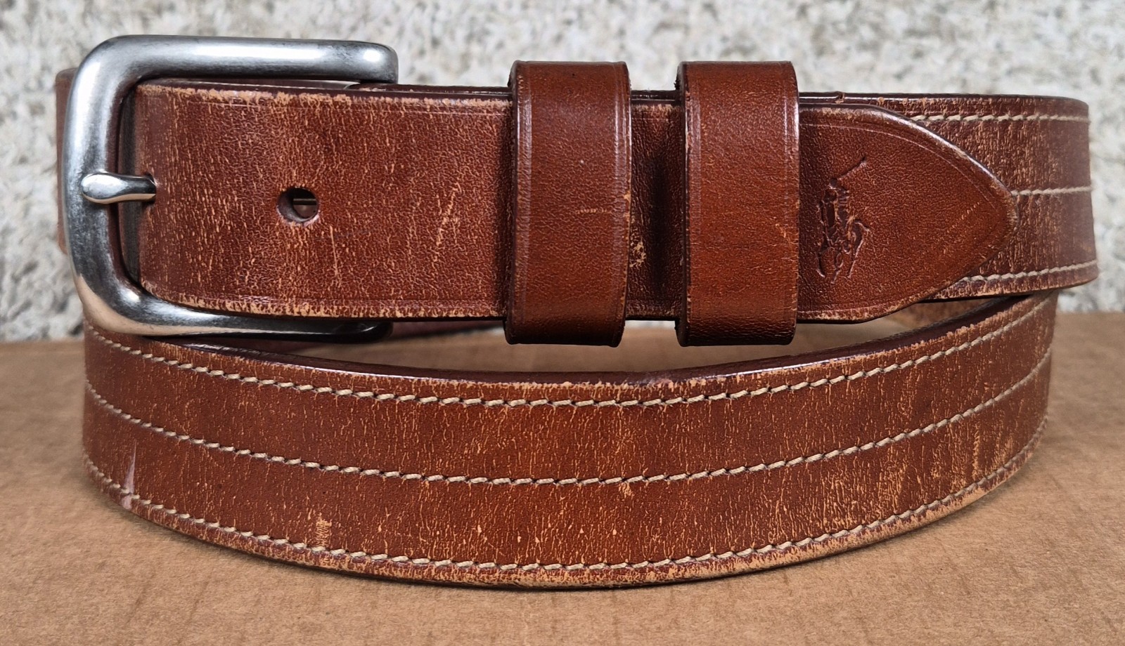 Polo Ralph Lauren Genuine Leather Belt Size 36 Stitched Brown 44″ Full Length