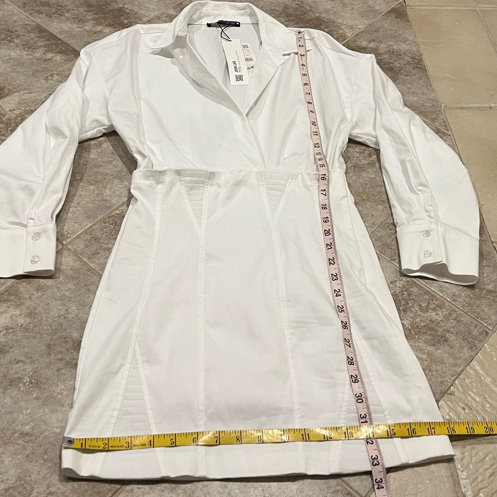NWT Zara Structured Poplin Collared Long Sleeve Mini Shirt Dress White Medium