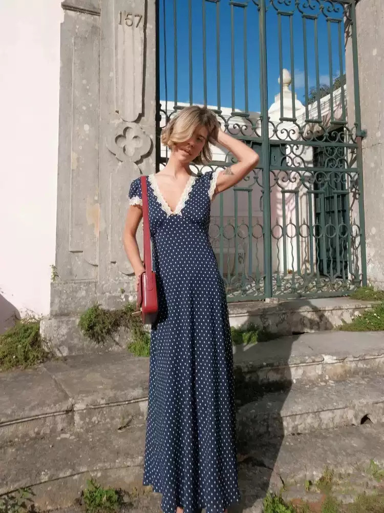 RIXO Womens V Neck Polka Dot Long Maxi Dress Vintage