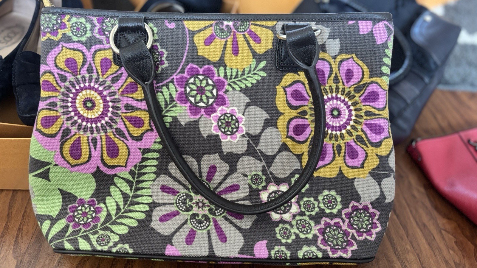 Spartina 449 Floral Multicolor Tote Zip Top Black Leather Double Handles Pockets