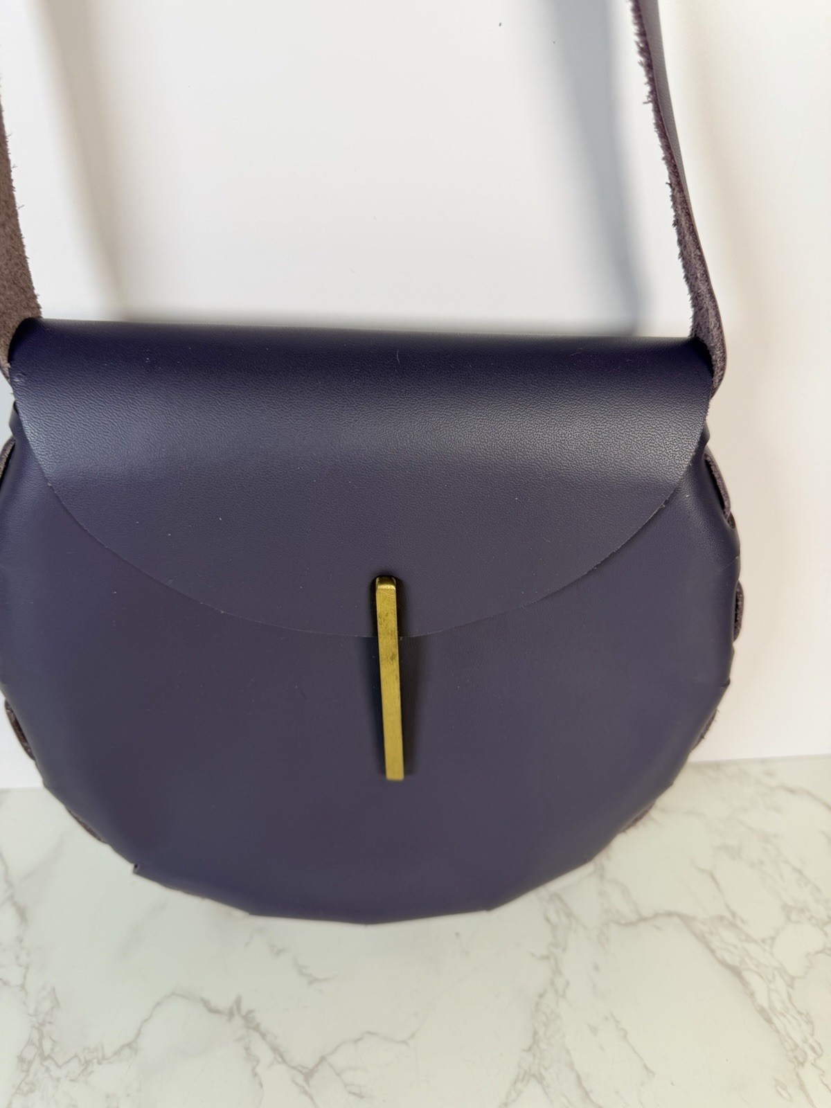 Handmade Loop-Closure Leather Saddle Bag Crossbody Deep Purple Brass No Stitch