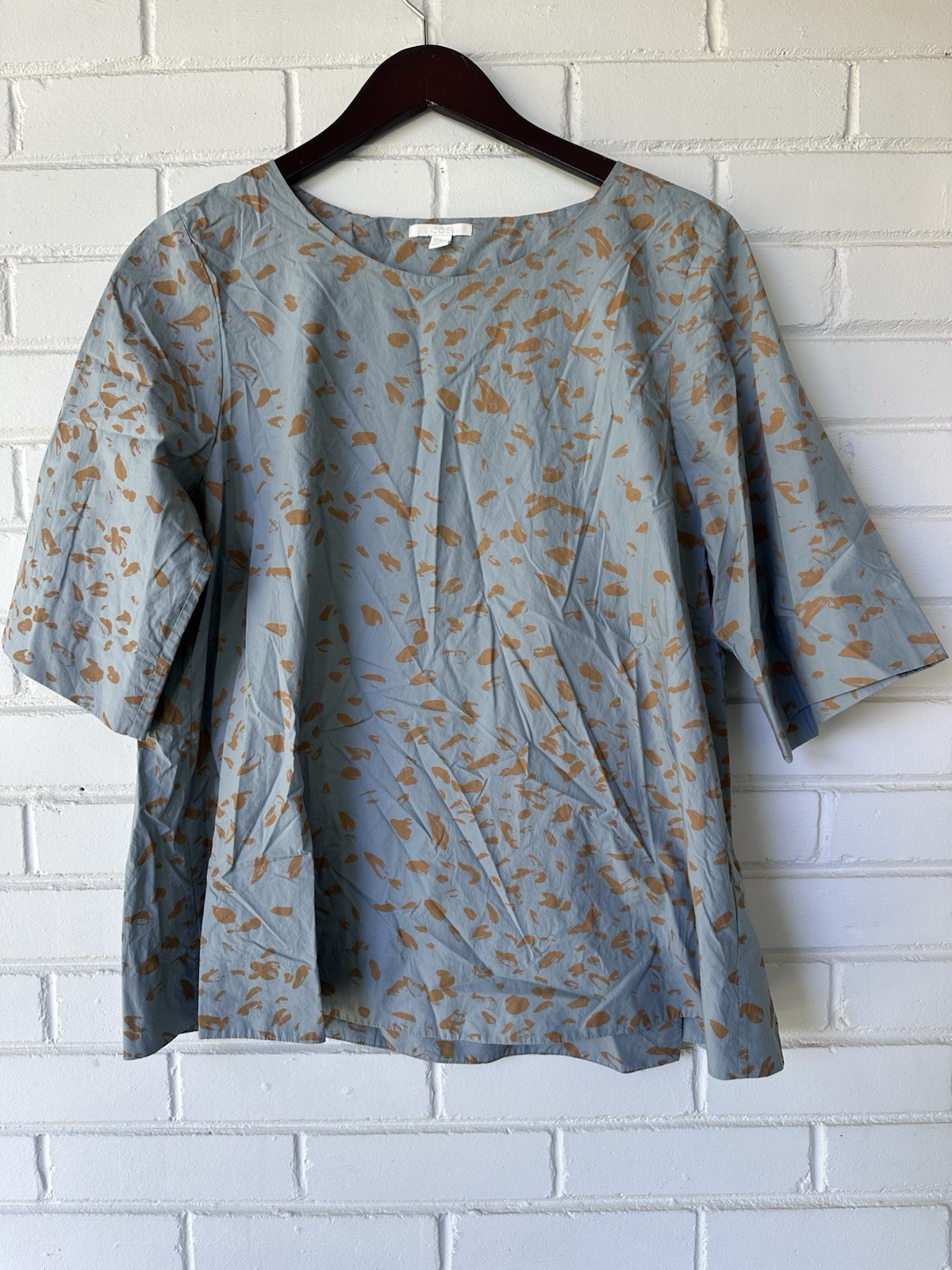 COS Women’s Blue Brown Abstract Pleated Woven Cotton Round Neck Blouse 38