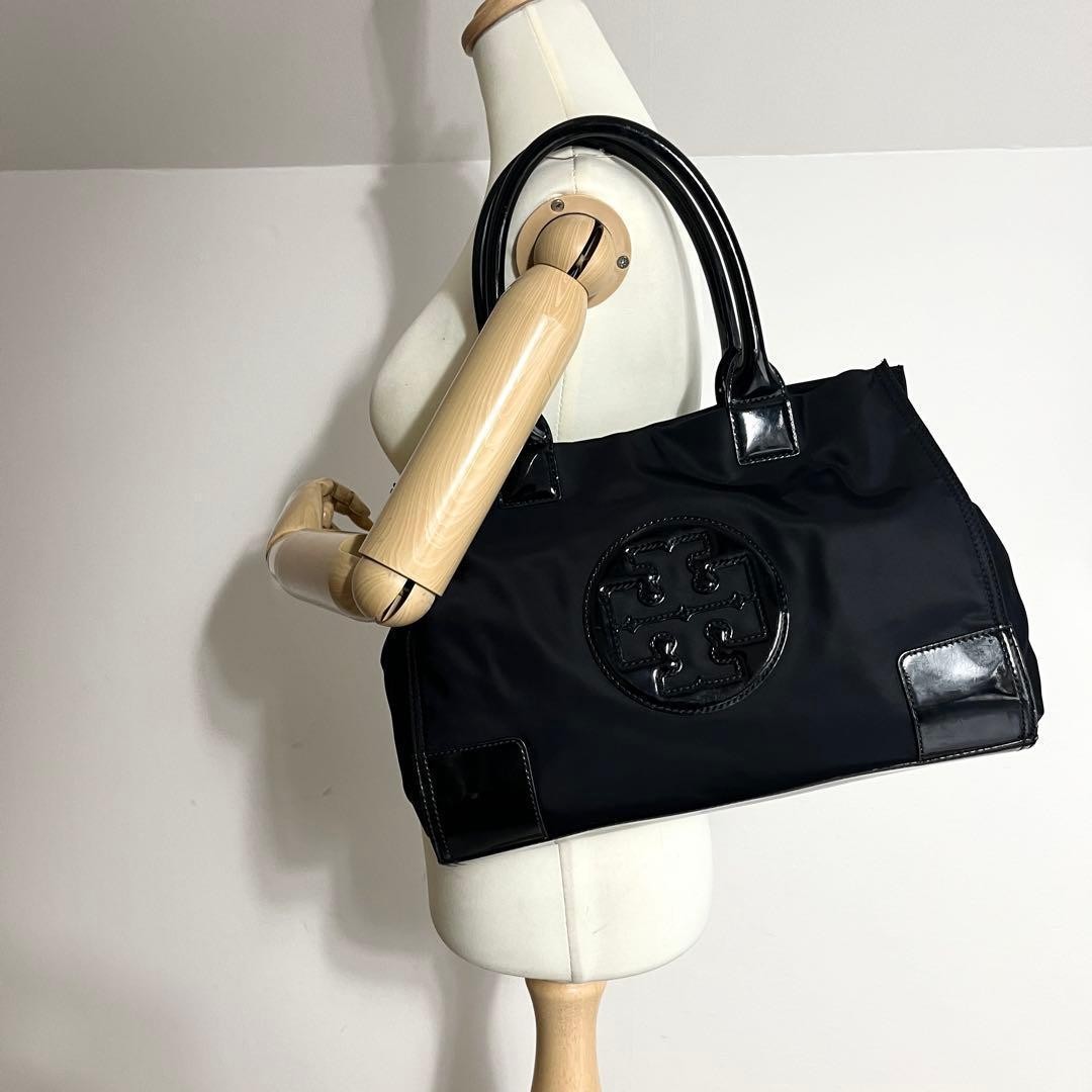 Tory Burch Ella A4 Compatible Tote Bag Nylon Patent Shoulder Black
