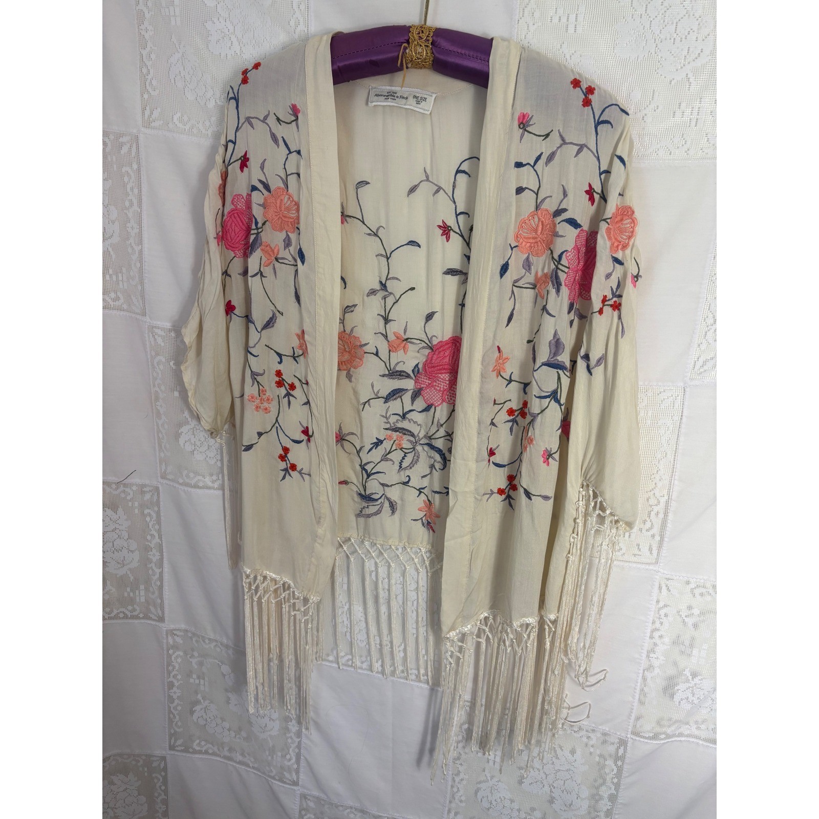 100% Modal Cream+Pink Embroidered Floral Tassel Dainty Coquette Shawl One Size