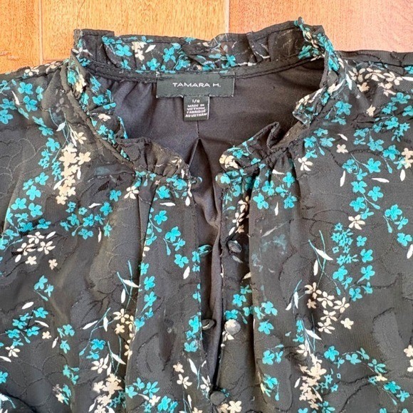 Tamara H. Floral Blouse Ruffle Neck Long Sleeve, Women L Black Teal