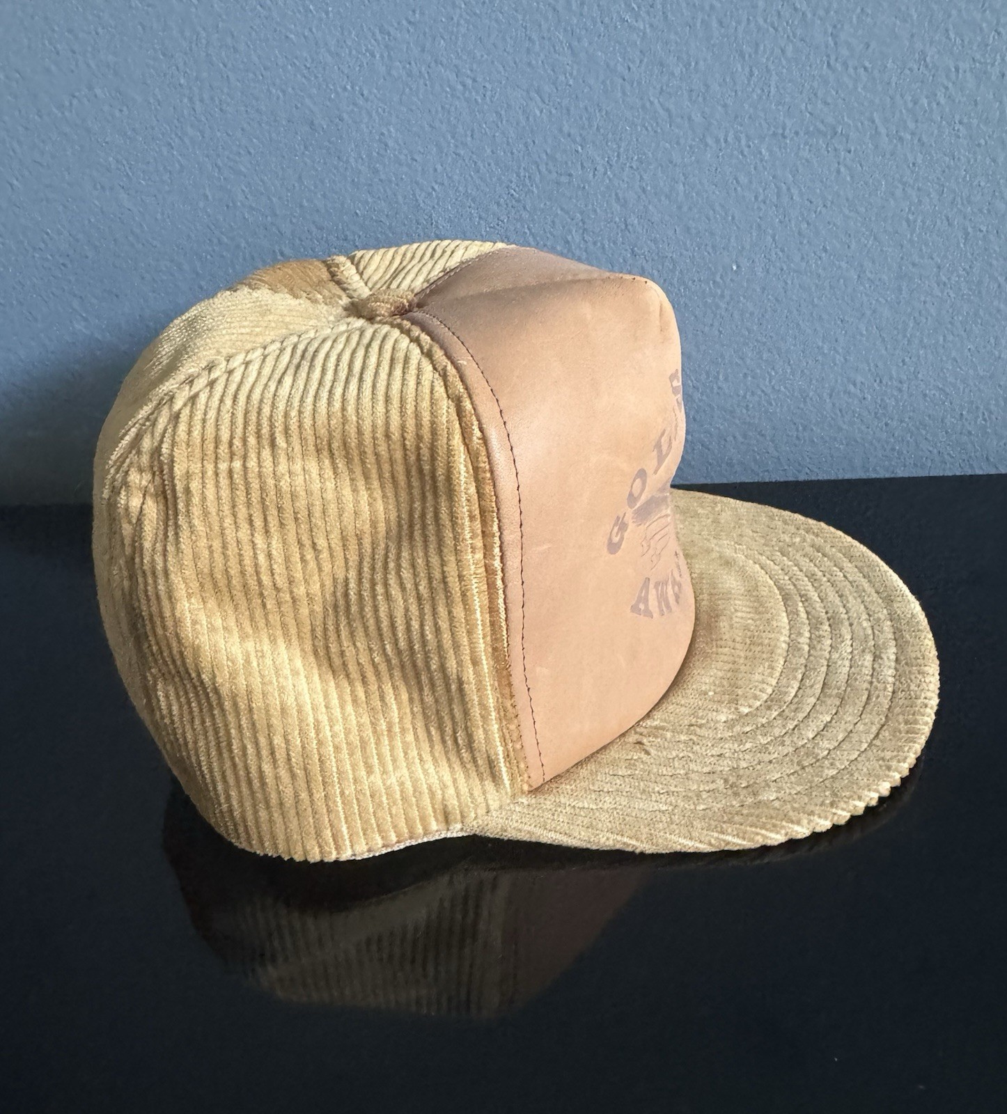 VTG Military GOLDSTAR AWARDS Leather Corduroy Trucker Cap Hat Snap Back USA RARE
