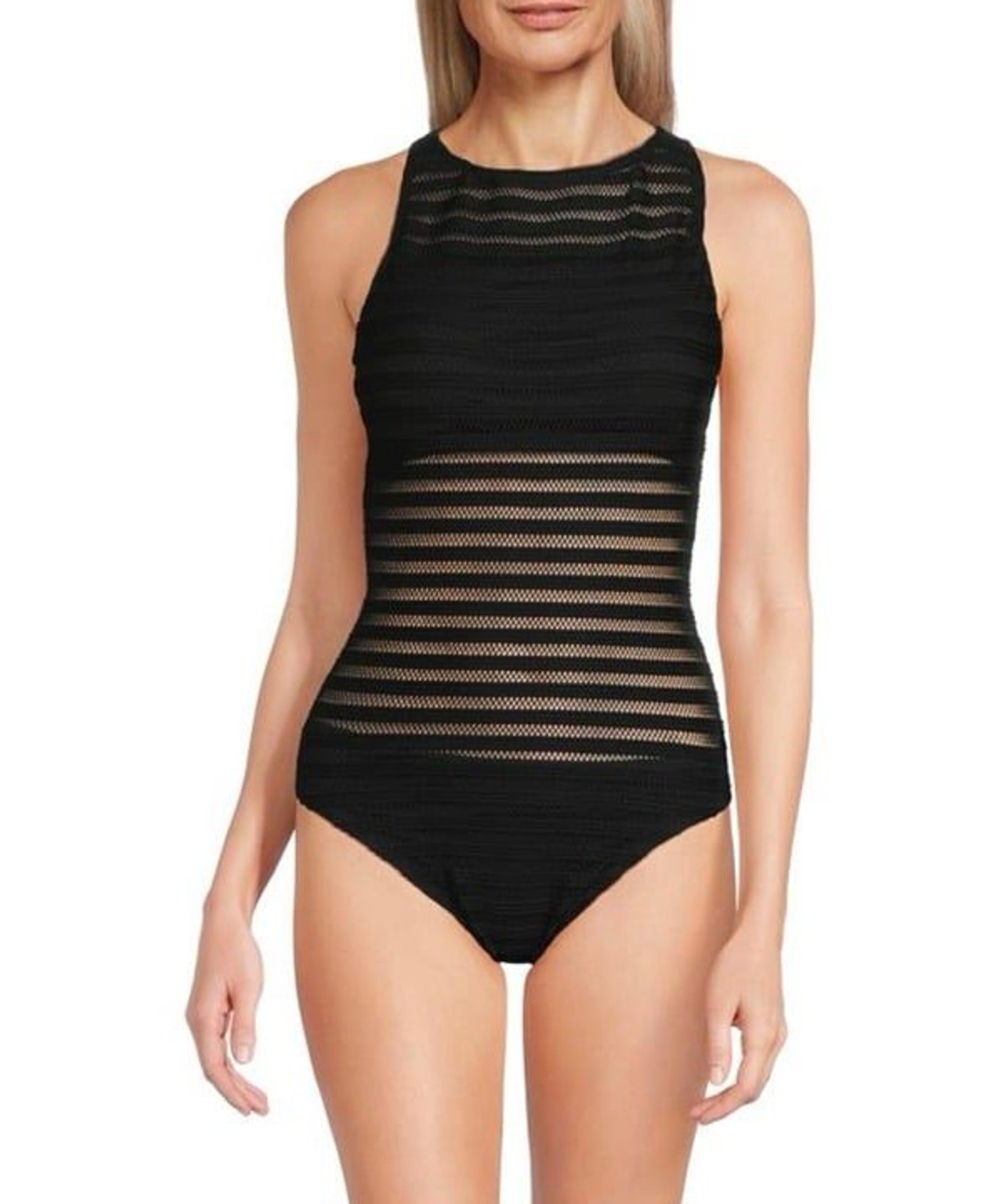 NWT Lauren Ralph Lauren Black Ottoman Boatneck Mesh One Piece Swimsuit 16