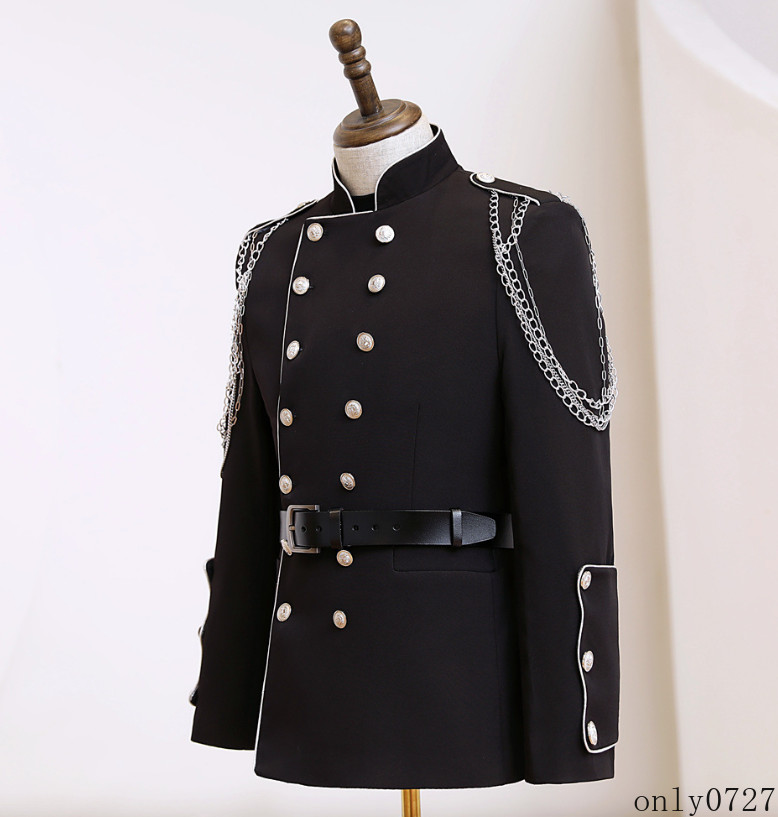 Mens Casual Suit Coat Double-breasted SStand Collar Belt Banquet Dance Costume