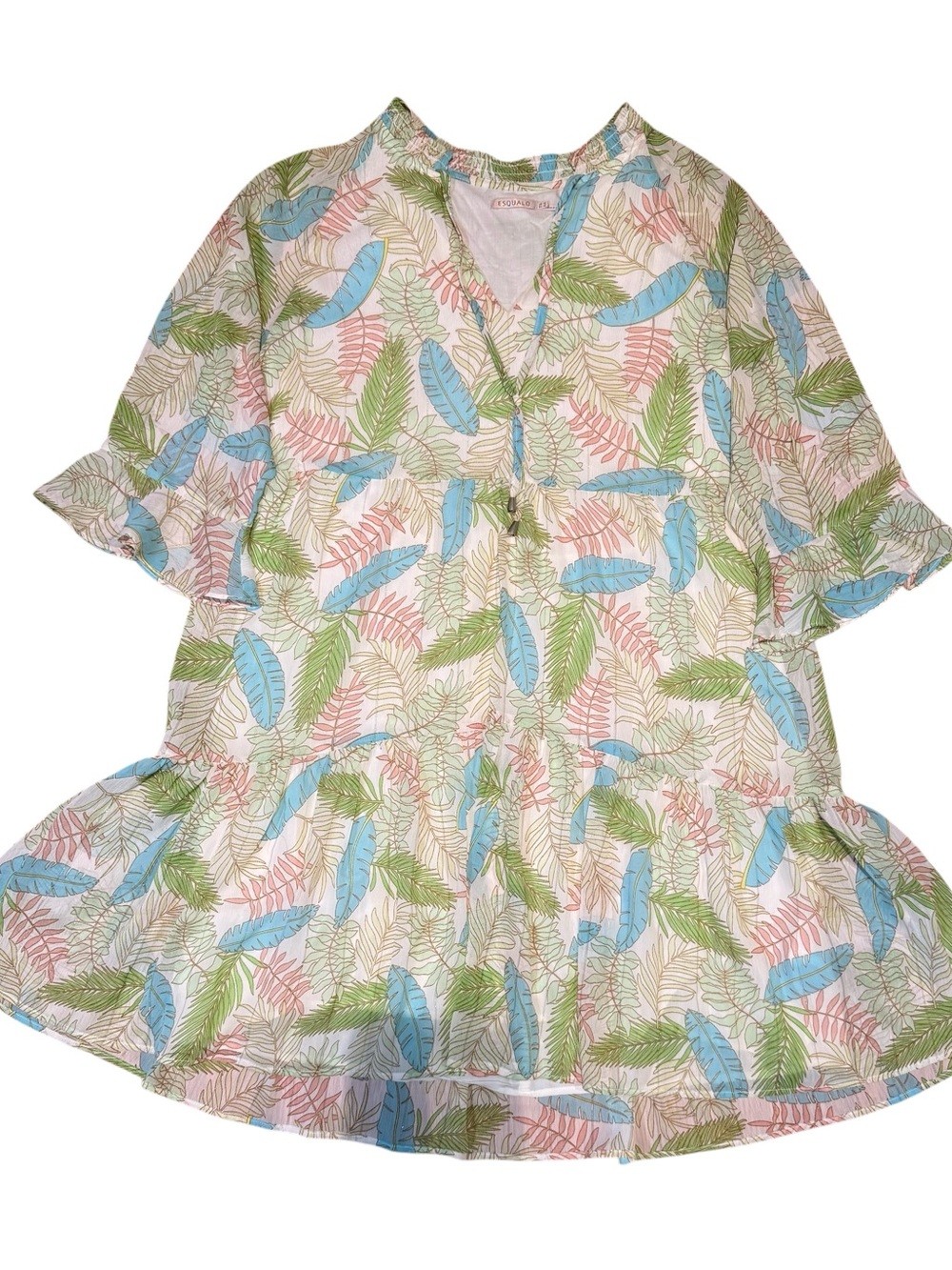 ESQUALO White Midi Dress with Blue and Green Leaf Print