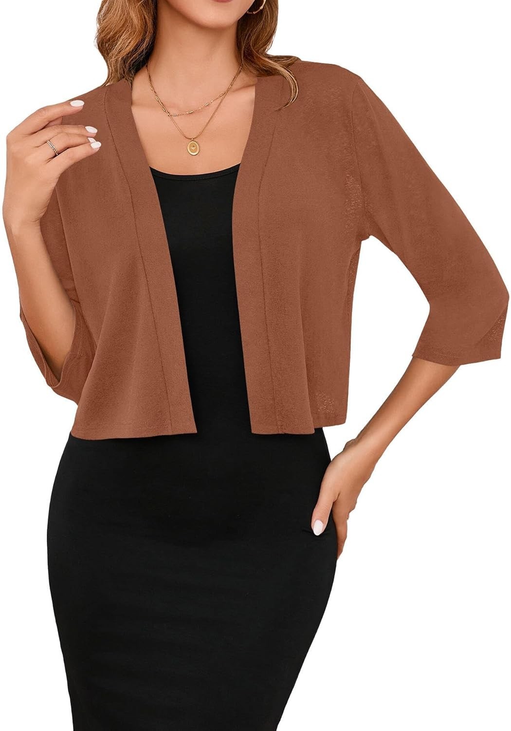 3/4 Sleeve Lightweight Open Front Cropped Cardigan Shrug for Women Summer Knit
