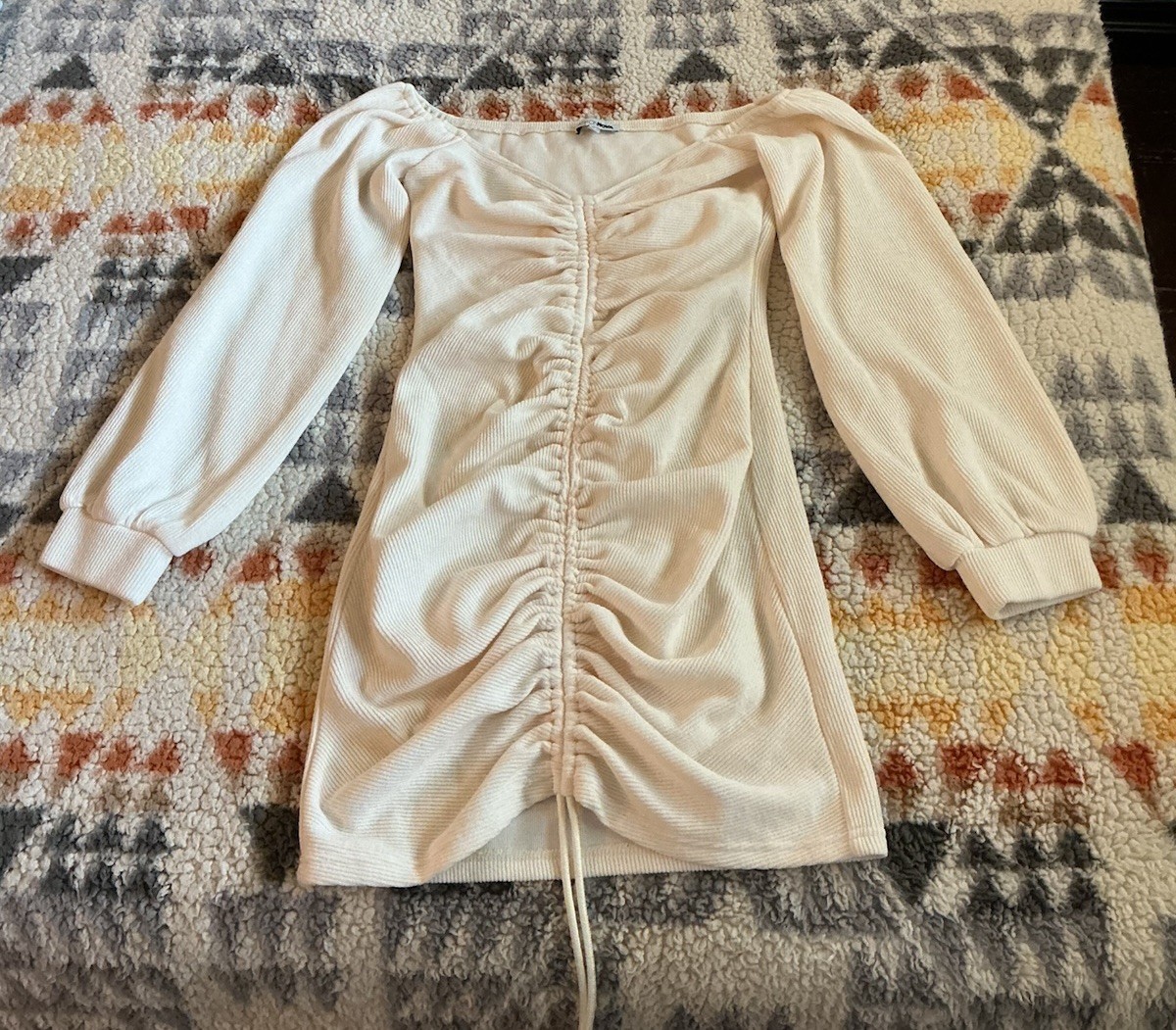 Fashion Nova Beige Ribbed Ruched Drawstring Square Neck Puff Crop Blouse S
