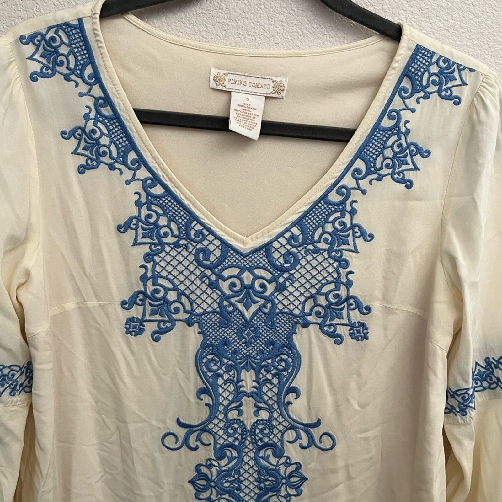 Flying Tomato Embroidered Bell Sleeve Bohemian Ivory Blue Dress Small Festival