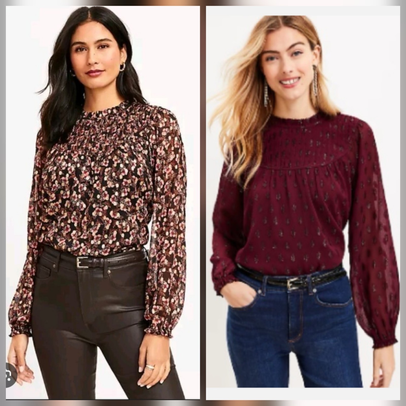 LOFT Shimmer Vine & Geo Clip Pleated Yoke Tops Set Womens L Long Sleeve Sheer