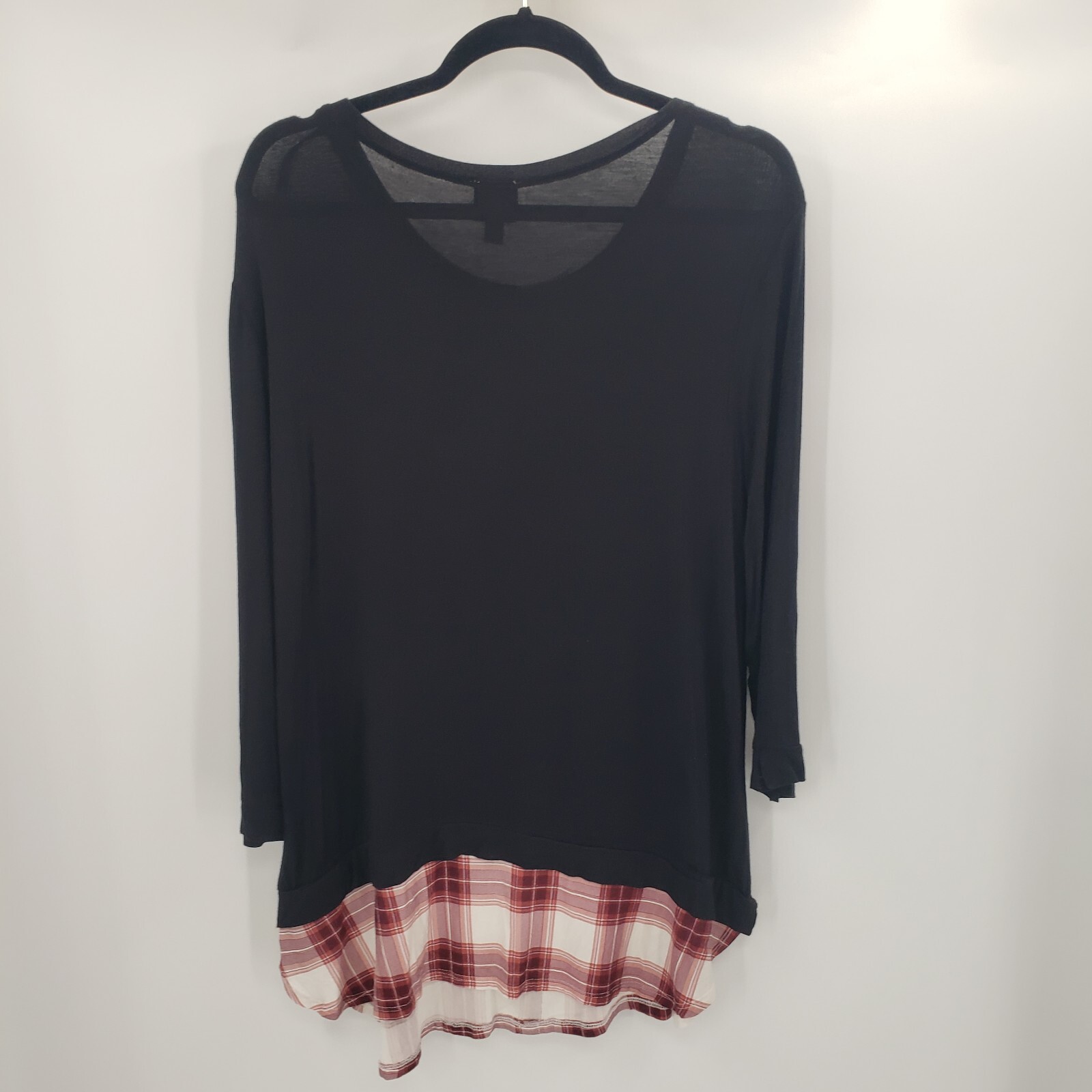 Como Vintage Knit Top Womens LARGE Black Plaid Shirt Tail Hem 3/4 Sleeve Shirt