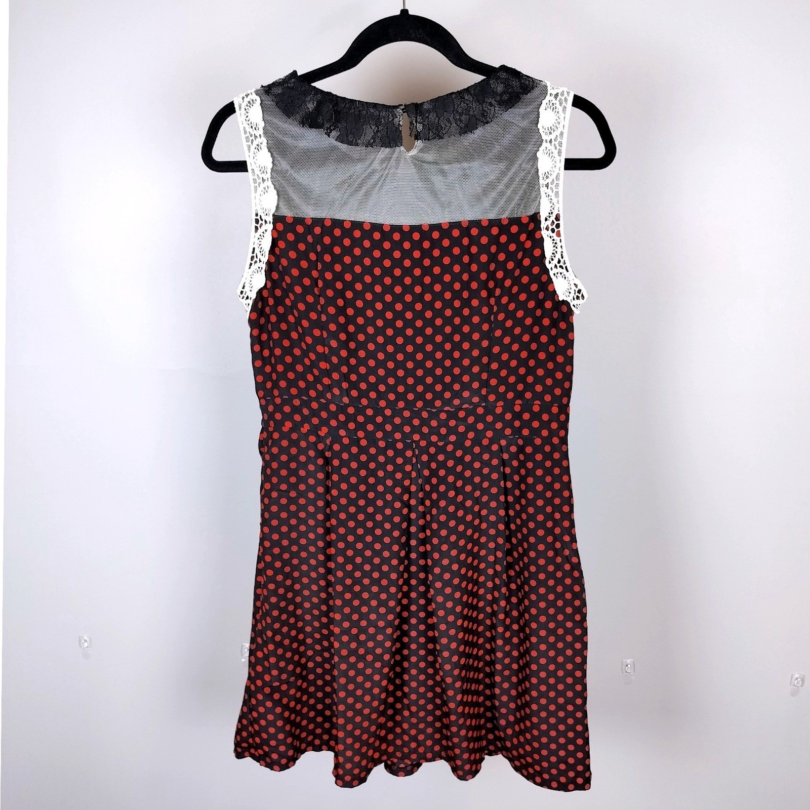 Maya Y2K Whimsigoth Polka Dot Lace Trim Mesh Yoke Sleeveless Mini Dress Pockets