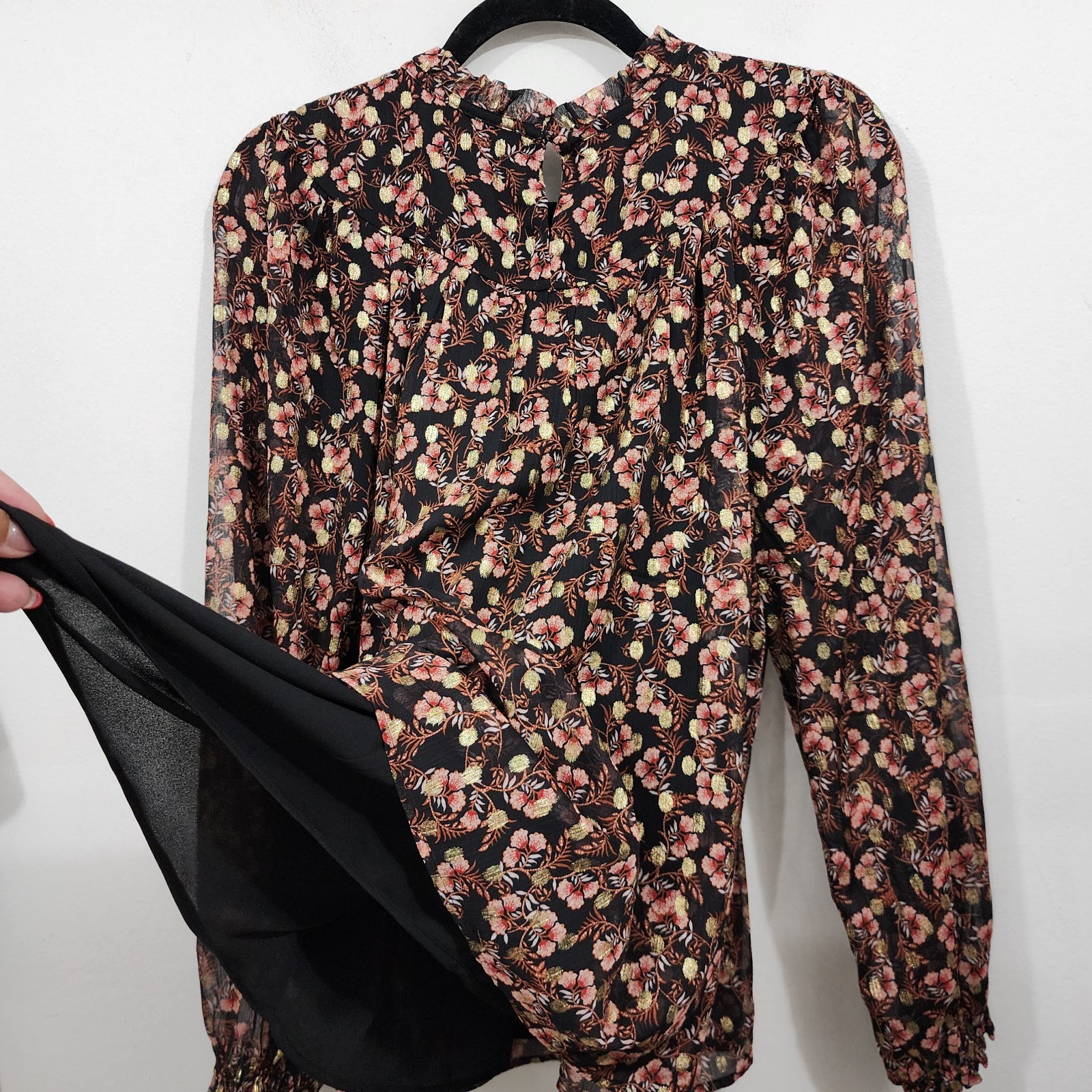 LOFT Shimmer Vine & Geo Clip Pleated Yoke Tops Set Womens L Long Sleeve Sheer