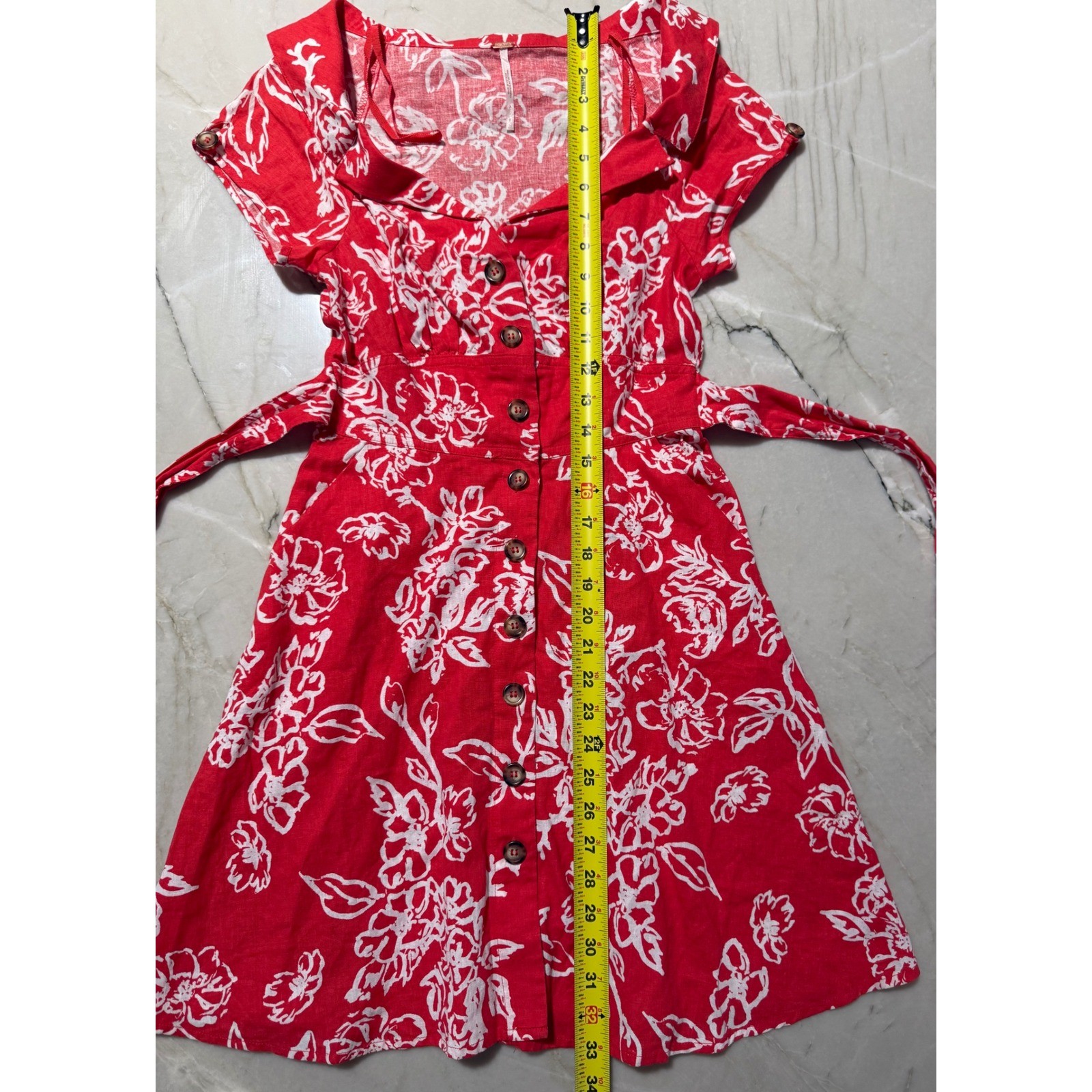 Free People Red White Floral Linen Blend Button Front Tie Waist Mini Dress 0 #56