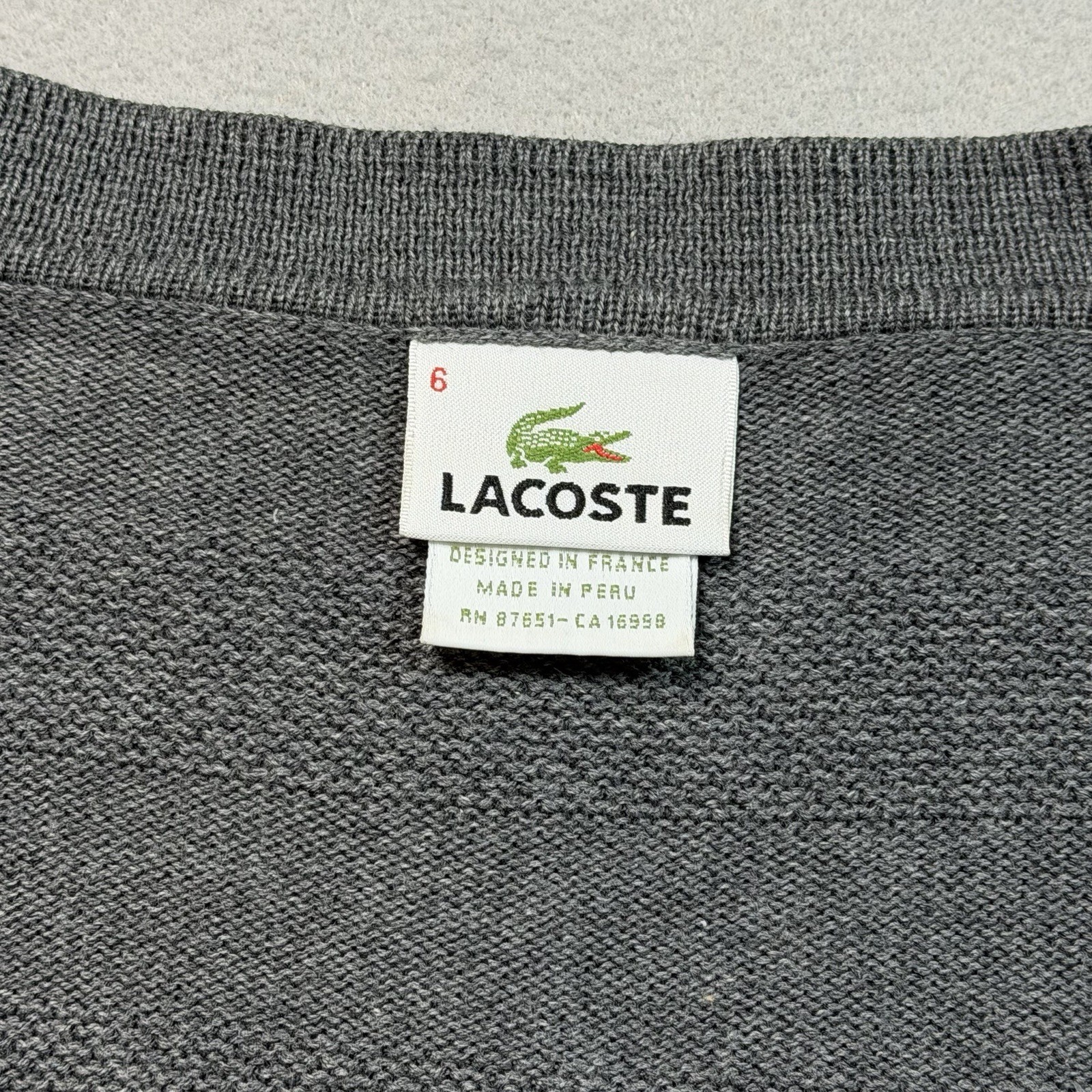 Lacoste Gray Cardigan Button Front Sweater Men’s Sz 6 XL Strip Pattern
