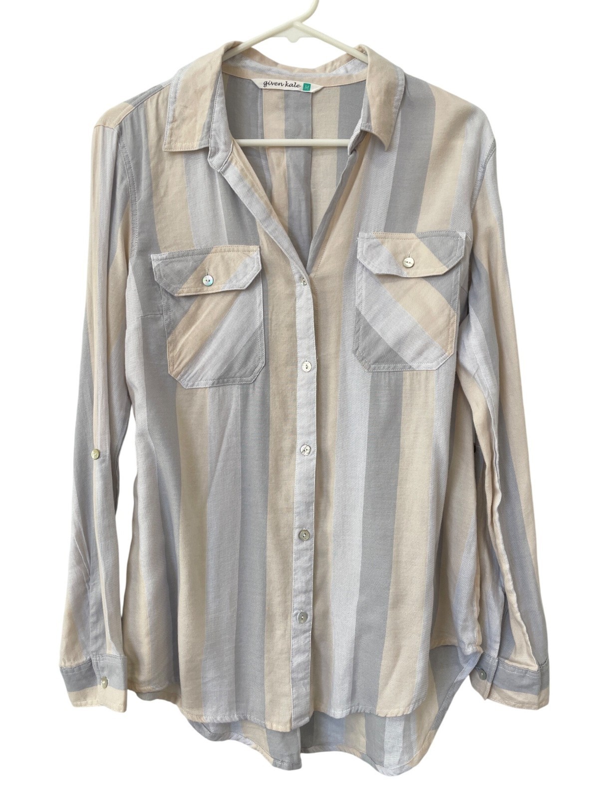 Given Kale Shirt Size Medium Striped Button Front Long Sleeve Lace Up Back Work