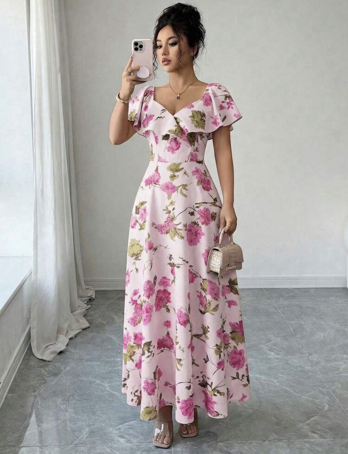 Brand New Floaty Ruffle Ditsy Flower Dusty Pink Maxi Dress Wedding Summer 14